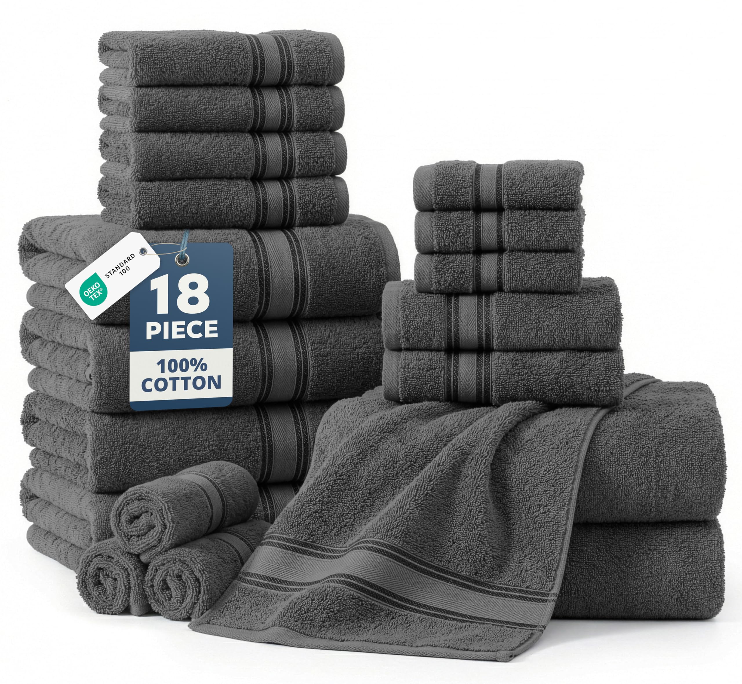 LANE LINEN 18-Pack Premium Towels for Bathroom – 100% Cotton Towel Set, Zero Twist, 6 Bath, 6 Hand & 6 Washcloths,Gentle on Body, Highly Absorbent, Remains Soft After Wash, Hotel & Spa Quality – Grey