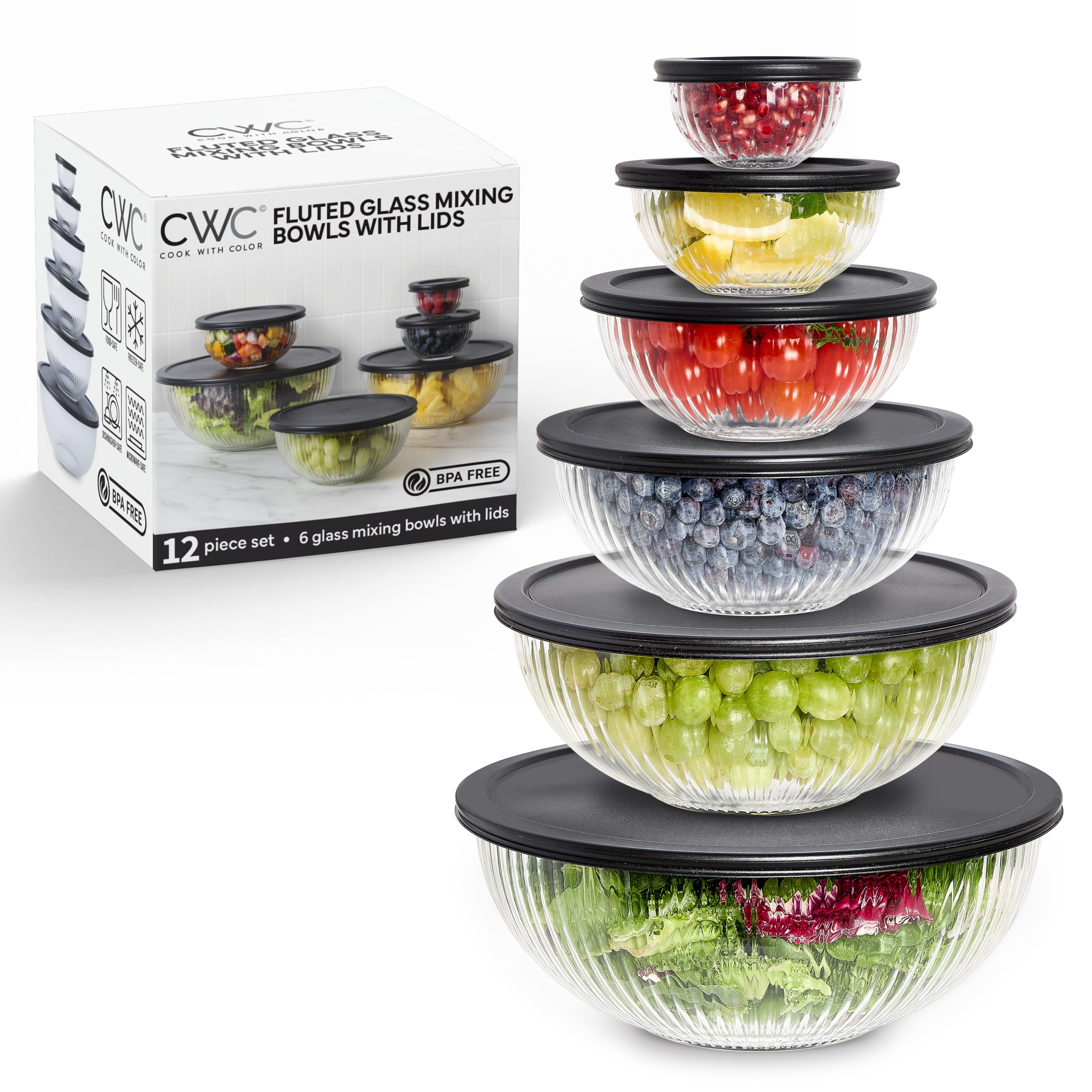 Amazon.com: COOK WITH COLOR 12 Pc Glass Mixing Bowl Set with Lids   Borosilicate Glass Nesting Bowls for Cooking, Baking and Meal Prep, Fluted  Black: Home & Kitchen