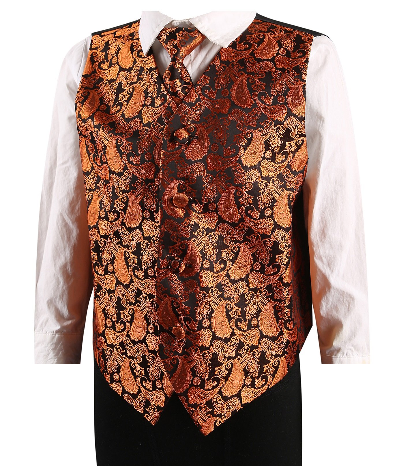 L&L® Kid Children Boy Paisley Design Waistcoat Vest and Tie Handkerchief Set for Suit (13-15 Years Old, Orange)