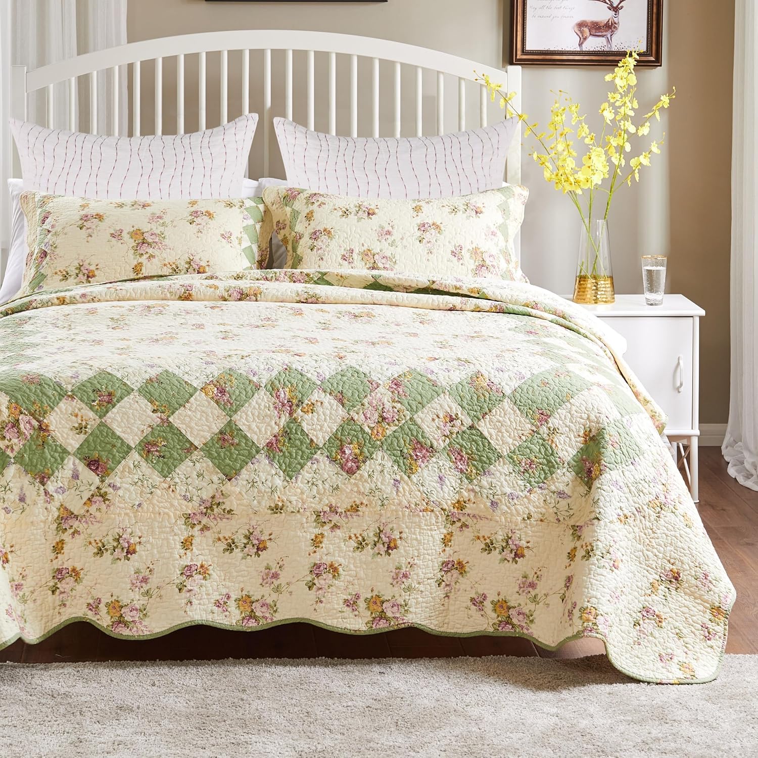 Greenland Home Fashions Bliss 100% Cotton Authentic Patchwork Quilt Set with Euro Sham, 3-Piece Twin/XL, Ivory