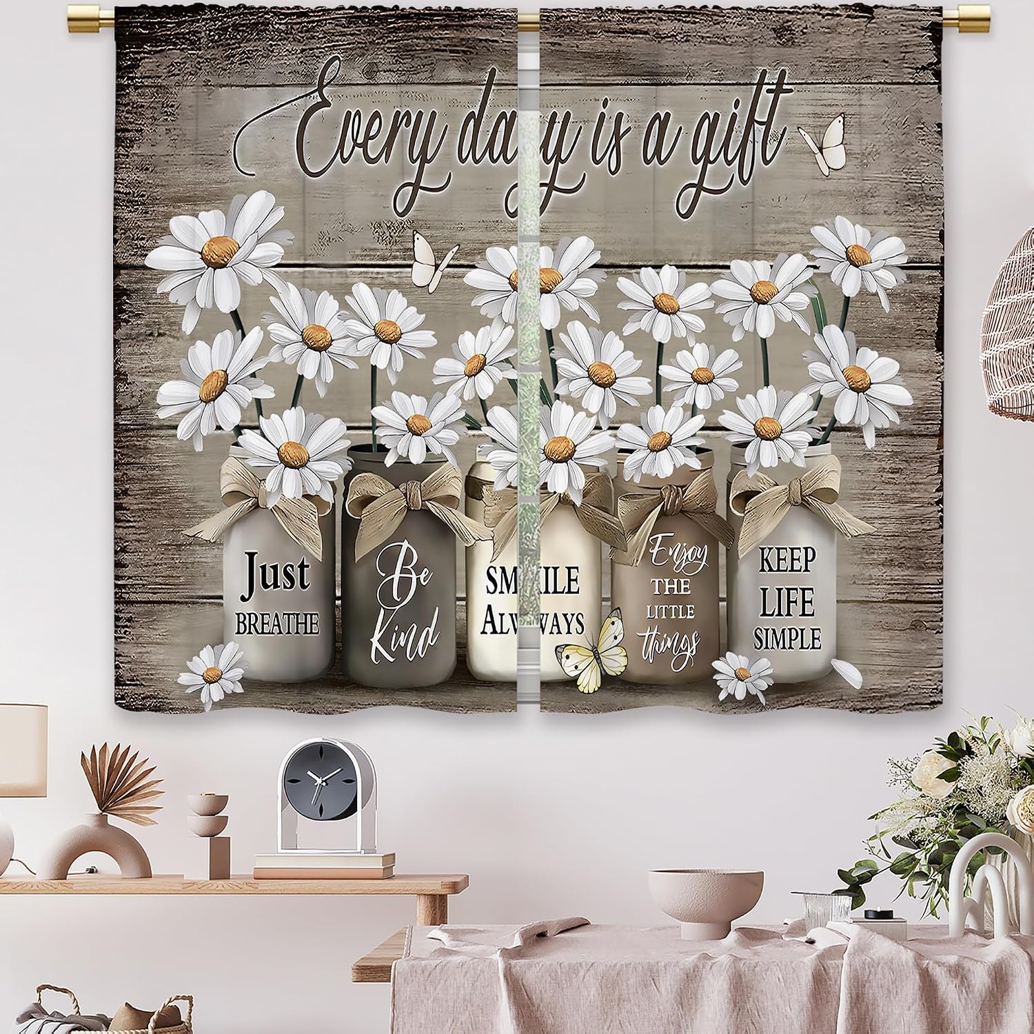 Farmhouse Floral Kitchen Curtains Daisy Rustic Vintage Flower Inspirational Small Short Cafe Window Curtains Wooden Country Quotes Bathroom Tier Window Treatment Drapes (27.5x39 Inch)