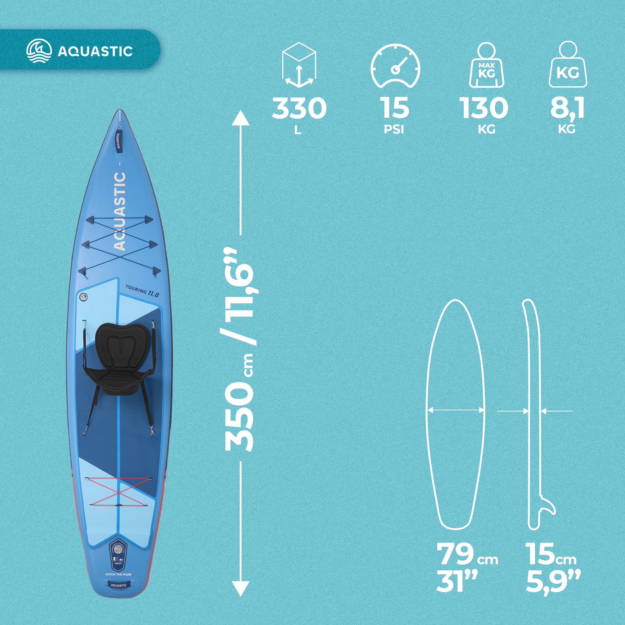 AQUASTIC Touring - Tabla Hinchable, 350 cm, con Asiento de Kayak, Remo, Bomba y Mochila
