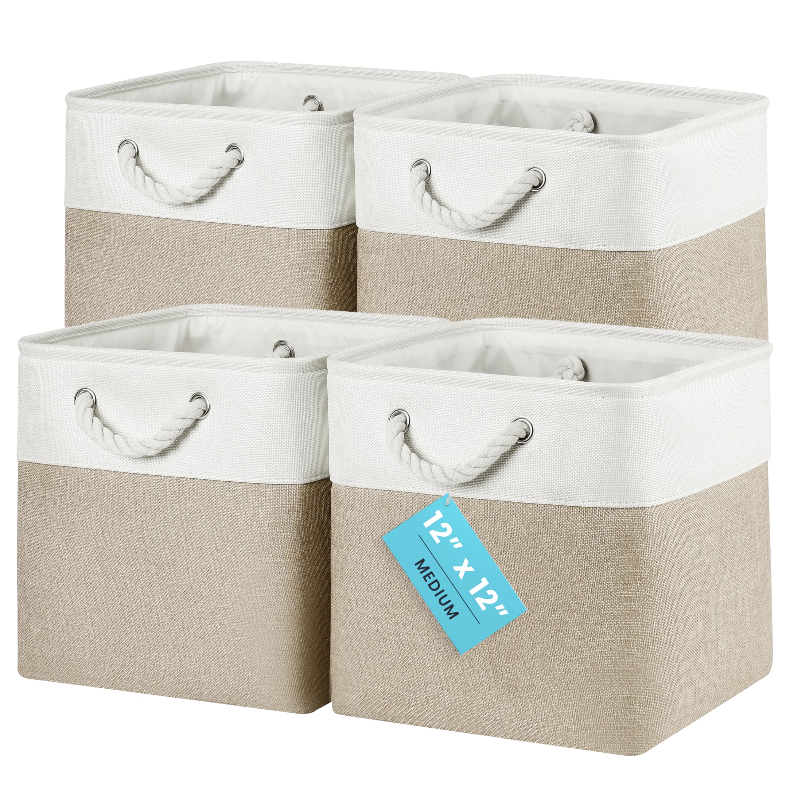 OrganiHaus Fabric Storage Boxes, Set of 4 Foldable 30X30 Cube Organiser Bins with Rope Handles for Shelves, Nursery & Closet, Collapsible Storage Baskets for Toys, Clothes & More - Beige/Off-White