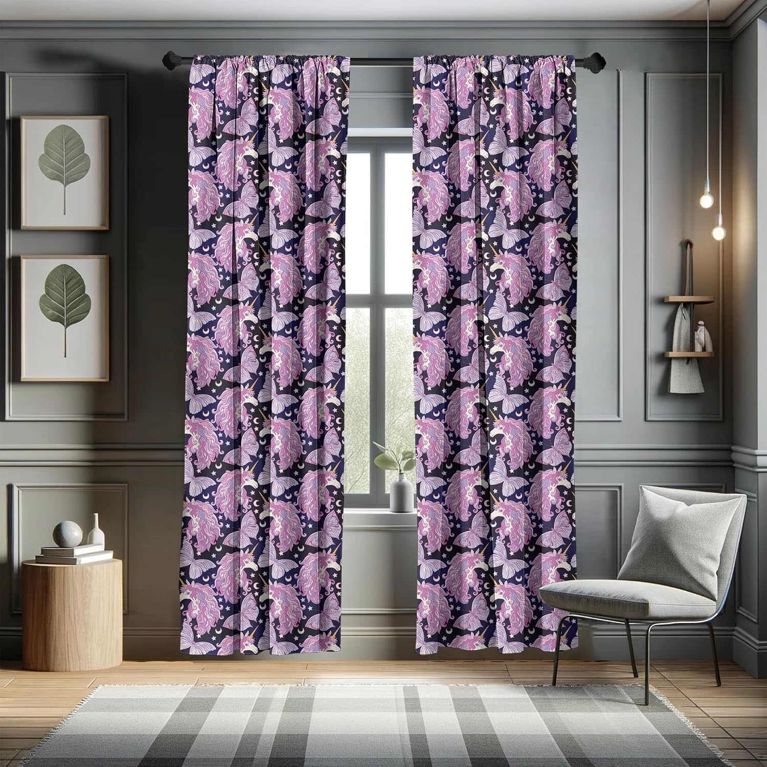 Ambesonne Unicorn Curtains, Mythical Animal with Colorful Mane Butterflies Stars Crescent Moons Fantasy World, Window Treatments 2 Panel Set for Living Room Bedroom, Pair of - 28" x 95", Lillac Purple