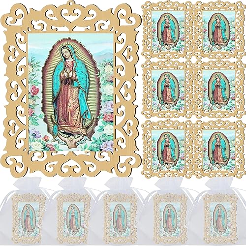 Bautizo Favores 12 piezas Nuestra Señora de Guadalupe marcos de fotos de madera para primer viaje bautizo conmemorativo regalo con bolsas