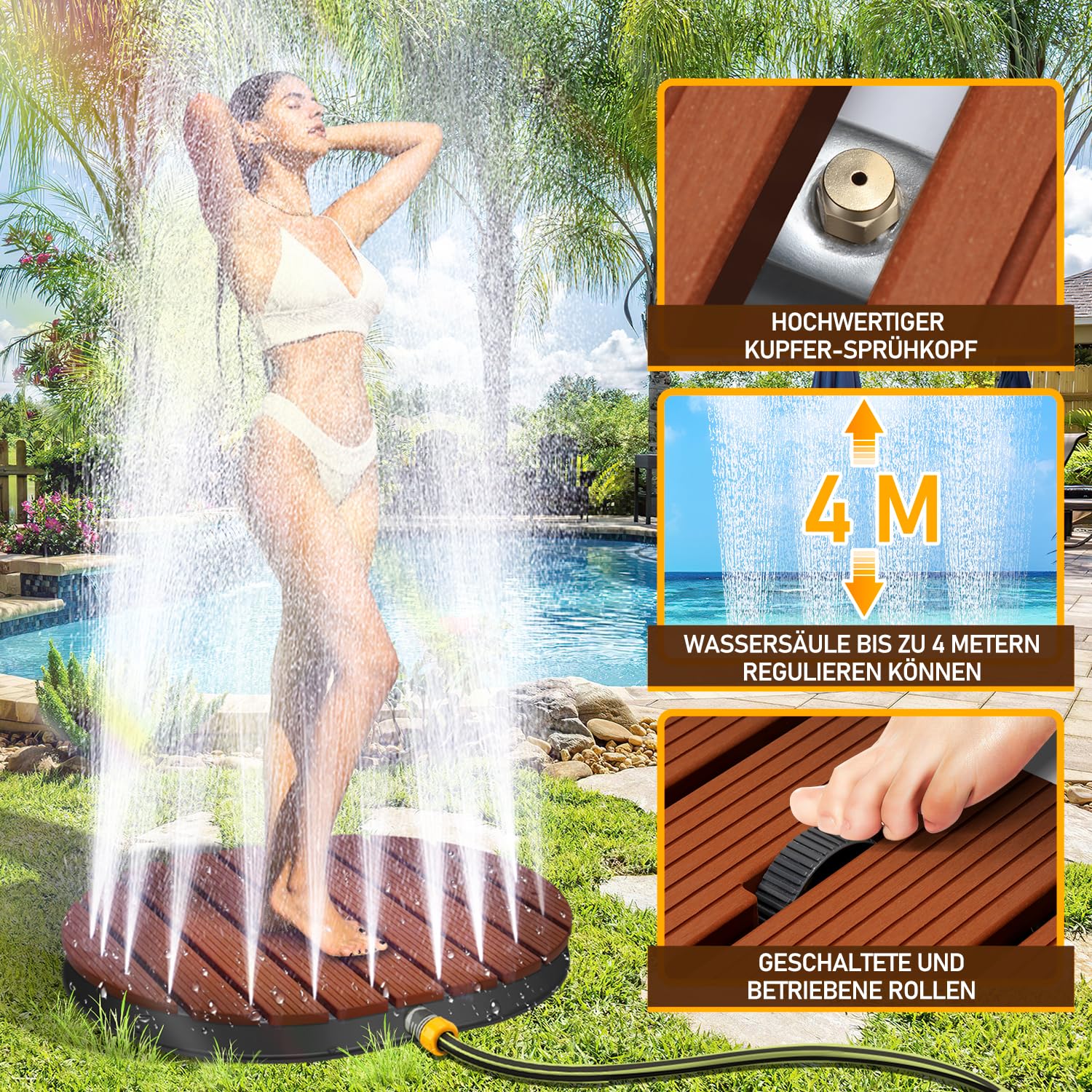 Ducha de suelo de jardín con rueda de pie y boquillas de cobre, ducha de piscina de hasta 4 m de altura de fuente, ducha exterior de aluminio, antideslizante, resistente a la intemperie