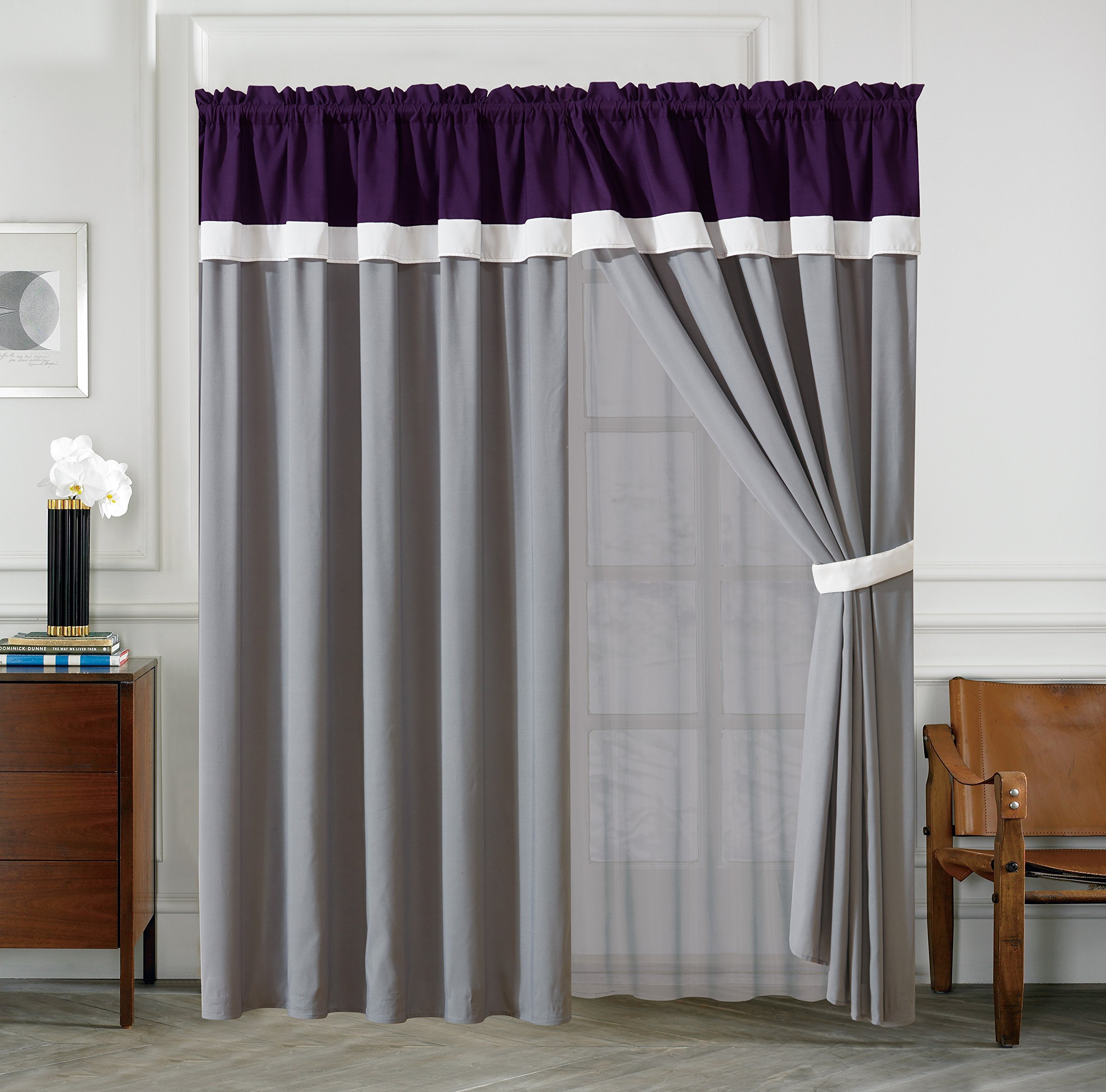 All American CollectionNew 4 Piece Curtain Set with Attached Sheer Backing (Curtain, Purple/Grey)