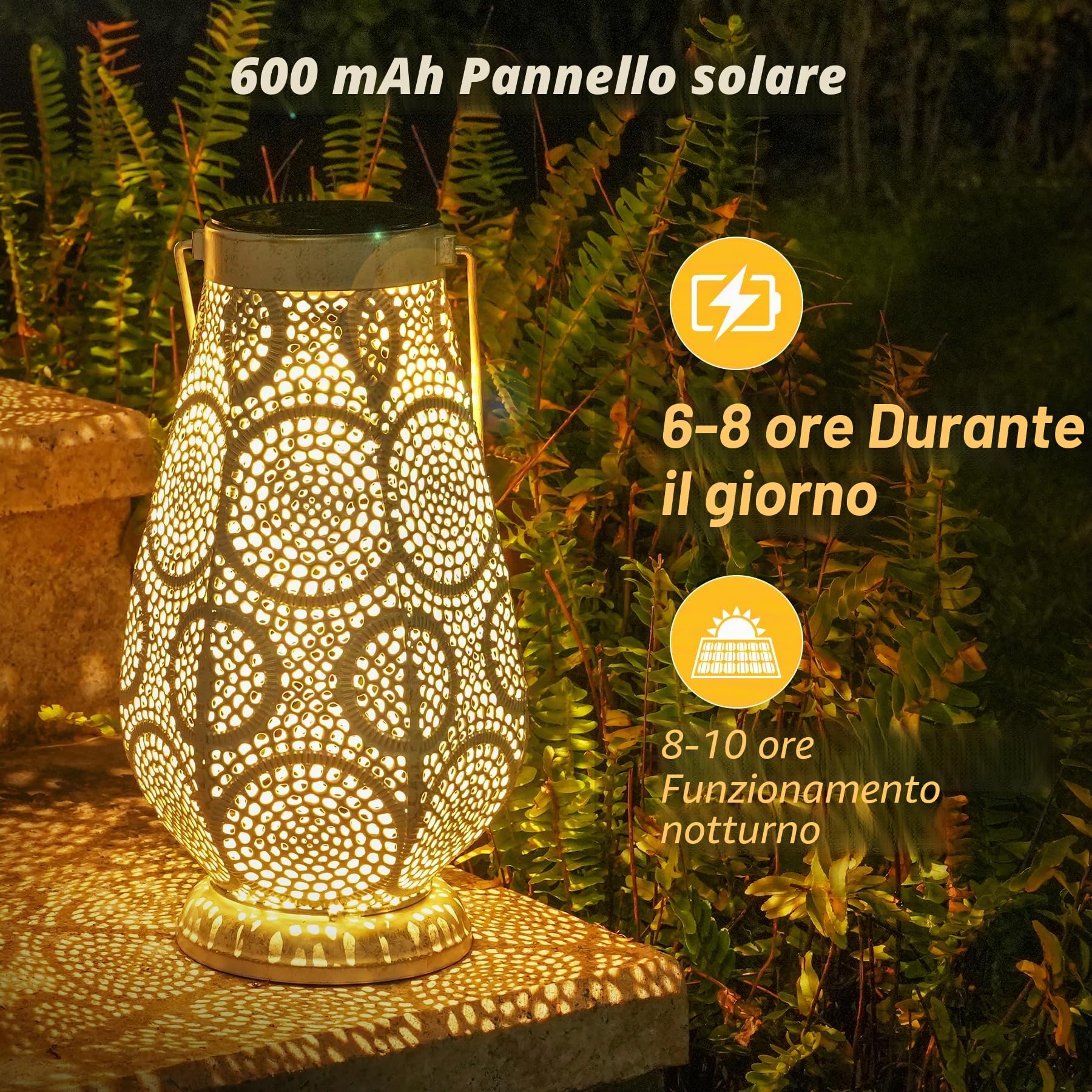 JOYCREATOR Lanterne solari in metallo per esterni, lanterna solare a LED per esterni, IP65, impermeabile, lampade solari orientali per esterni, giardino, balcone, terrazza, marciapiede, patio