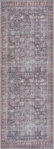 Miniatura 3 de Bloom Rugs - Alfombra lavable de 7 pies color marrón y gris oscuro, tapete desgastado para entradas, pasillos y cocinas