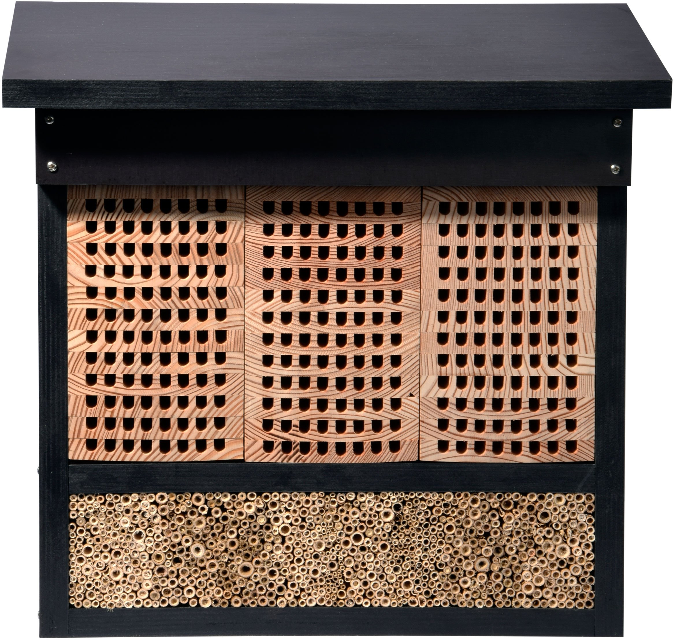 LUXUS-INSEKTENHOTELS 22700e Großes Profi-Wildbienenhotel - Wildbienen-Nisthilfe Holz - Insektenhotel mit Ständer - Wildbienenhaus mit Lärchenholz und Schilf - 42,5 x 18 x 150 cm - Dunkelbraun