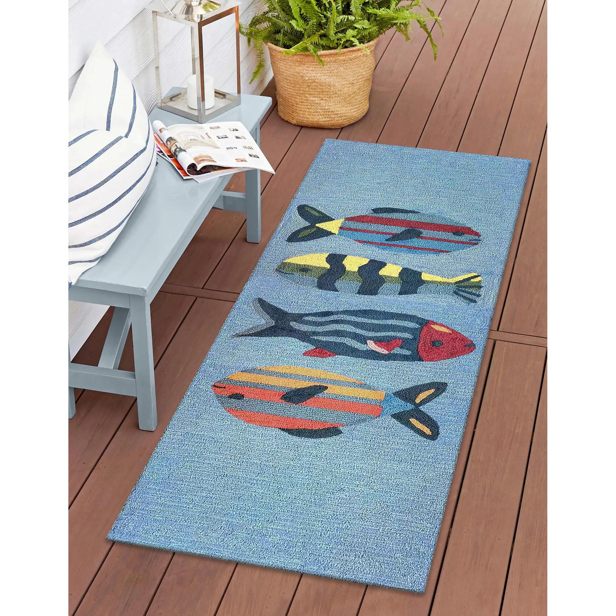 Liora Manne FrontPorch Indoor/Outdoor Hand Tufted Durable Area Rug - Transitional Coastal Ocean Decorative (Fishes Aqua) (2' x 5')