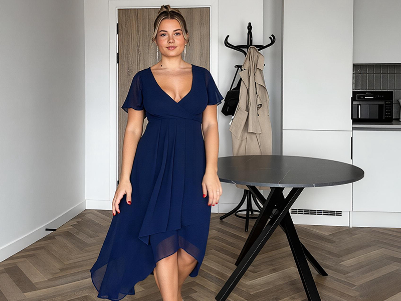Ever-Pretty Women's Spring Summer Chiffon Wedding Guest Dresses V Neck Ruffle Sleeves Midi Semi Formal Cocktail Dress Blue US02 : Clothing, Shoes & Jewelry
