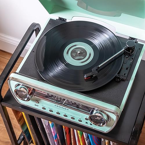 Miniatura 6 de Crosley CR6047A-AB Powel - Reproductor de discos de vinilo Bluetooth 7 en 1 con radio AMFM, reproductor de CD y entrada auxiliar, azul aguamarina