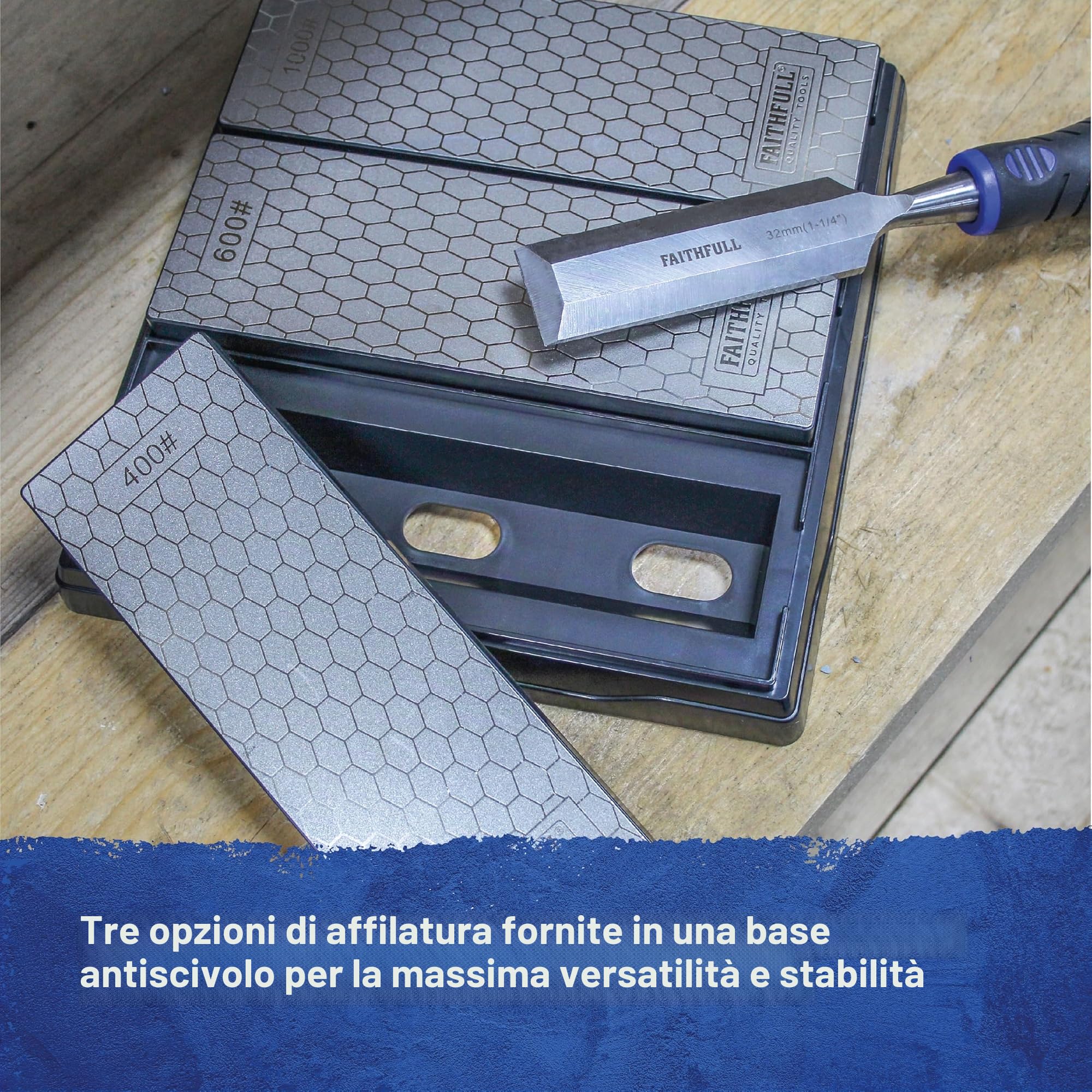 Kit di pietre diamantate Faithfull - Sistema di affilatura 3 in 1 con pietre da 400G / 600G / 1000G per coltelli, scalpelli, forbici e utensili da taglio