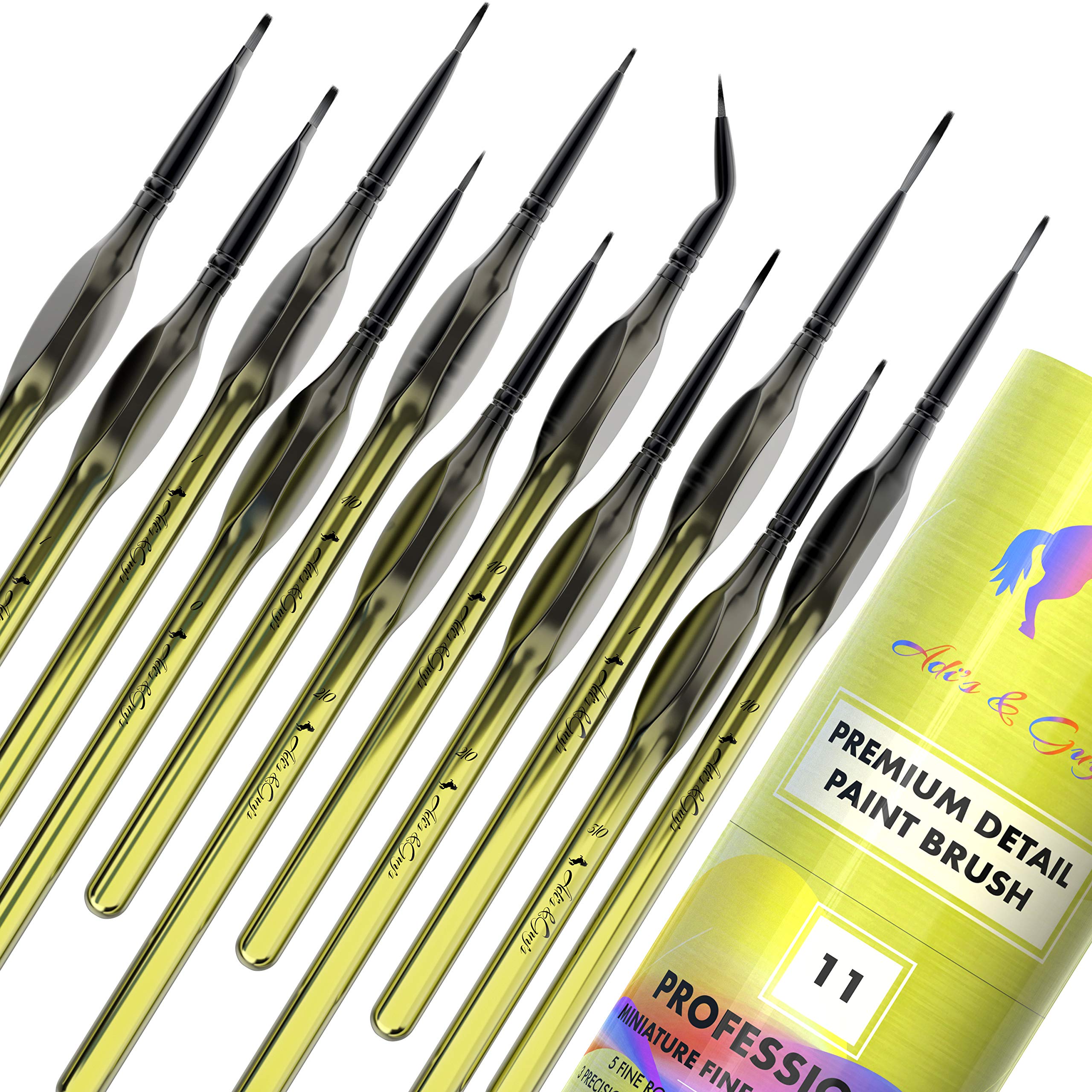 Detail Paint Brushes Variety Set of 11 - Artist Quality for Miniatures – Liners, Rounds, Flats for All Your Delicate Painting with Watercolors, Acrylics or Oils - Comfortable Ergonomic Handle (Gold)