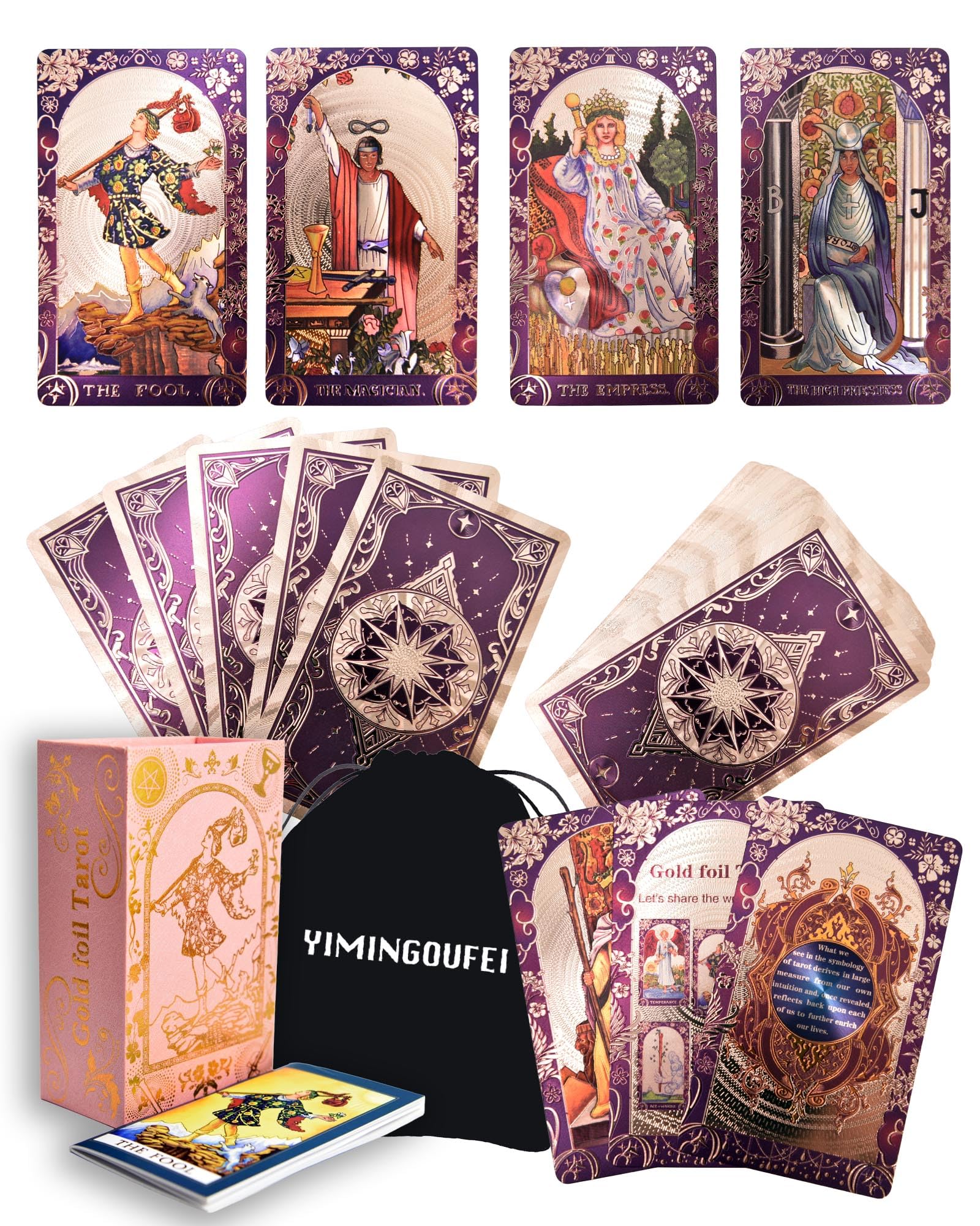 YIMINGOUFEI English Version Ryder-Waite Gold Foil Tarot Deck, 78 Cards plus 2 Spare Cards, Instruction Manual