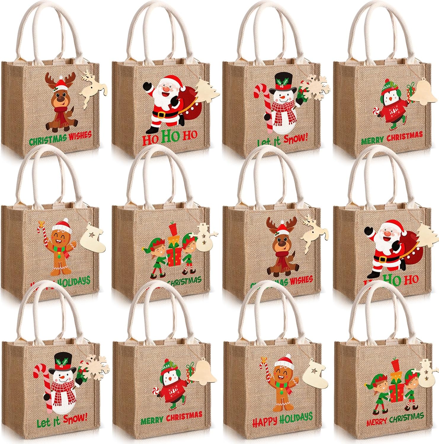 Sweetude 12 Pack Easter Bunny Burlap Bags with Tags Easter Reusable Treat Bags with Handles Jute Linen Tote Candy Gift Wrapping for Spring Party Favors Supplies (Cute)