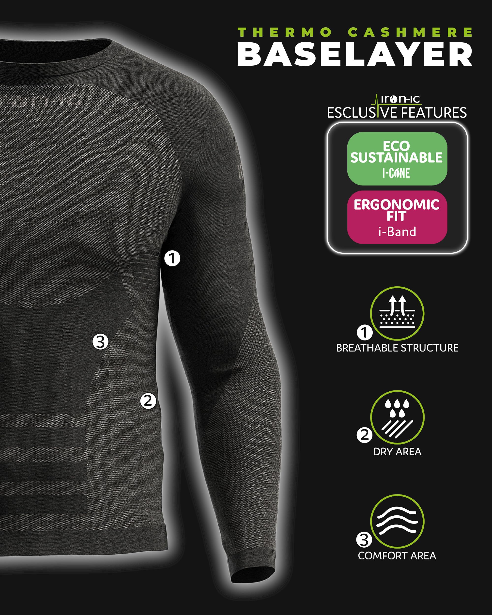 Iron-Ic - T-Shirt Uomo Maniche Lunghe Thermo Cashmere Seamless con Fitting Comfort e Struttura Traspirante per Sport Outdoor Invernali - Art. 202002