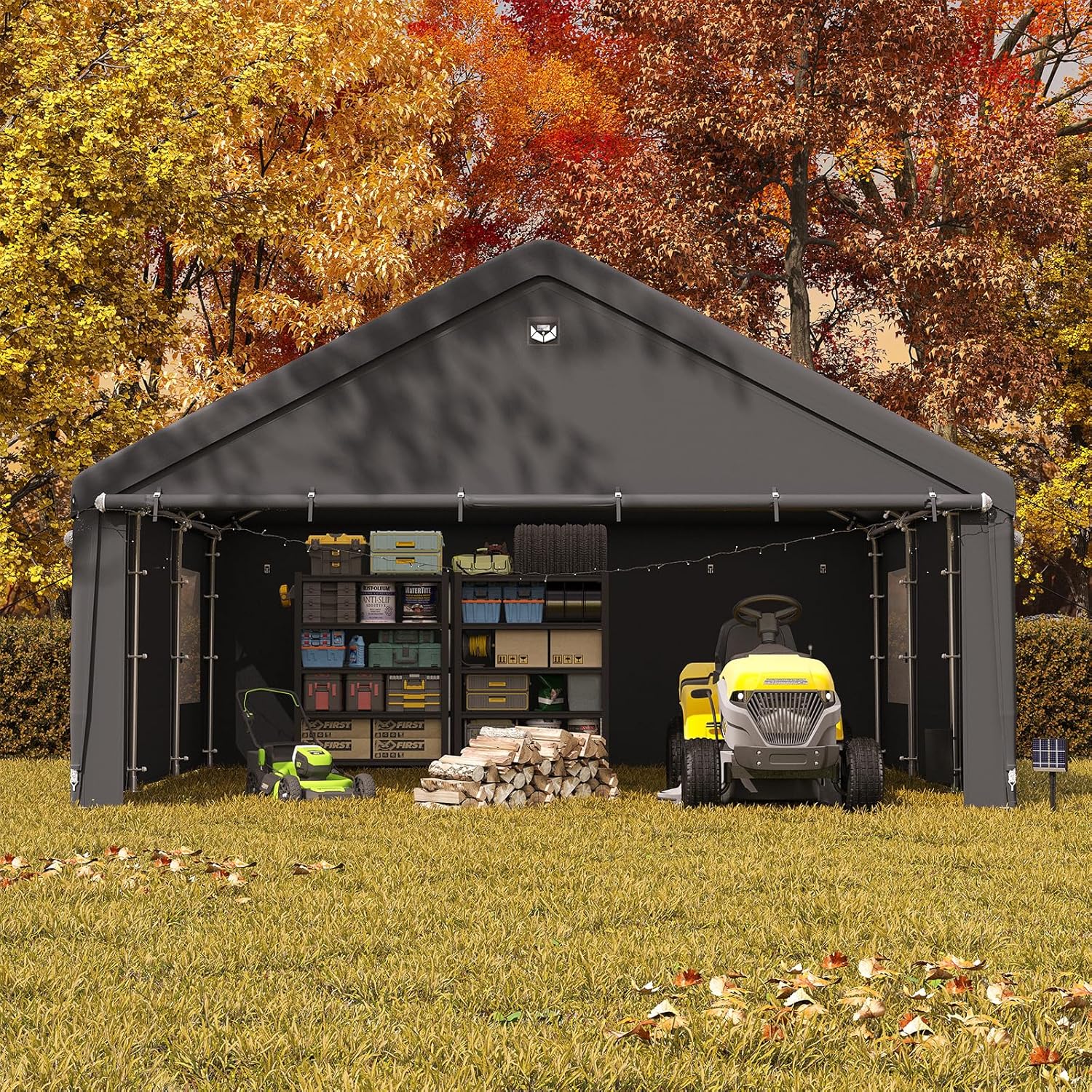 Carport used as a storage shed, housing a lawnmower, tools, and firewood