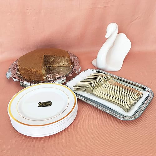 Miniatura 9 de 125 piezas oro placas plásticas y cubertería para 25 invitados, platos desechables de plástico resistente con borde de oro y plata para fiesta y