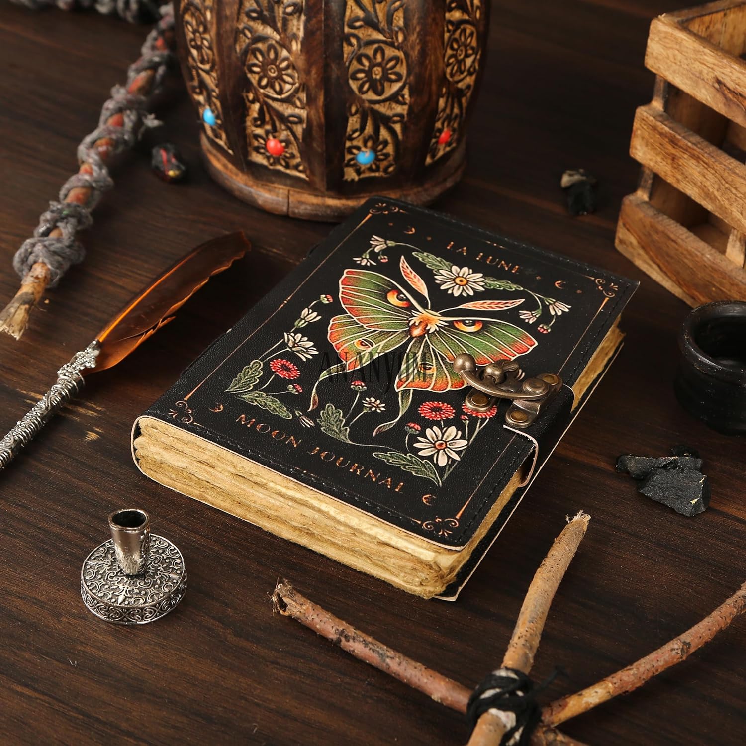 8x6 Inch Leather Journal Notebook for Writing - Luna Moth and Morpho Butterfly – 200 Duckle Paper Vintage Leather Notebook Diary Sketchbook Unruled Journal Brass Clasp Lock, Black