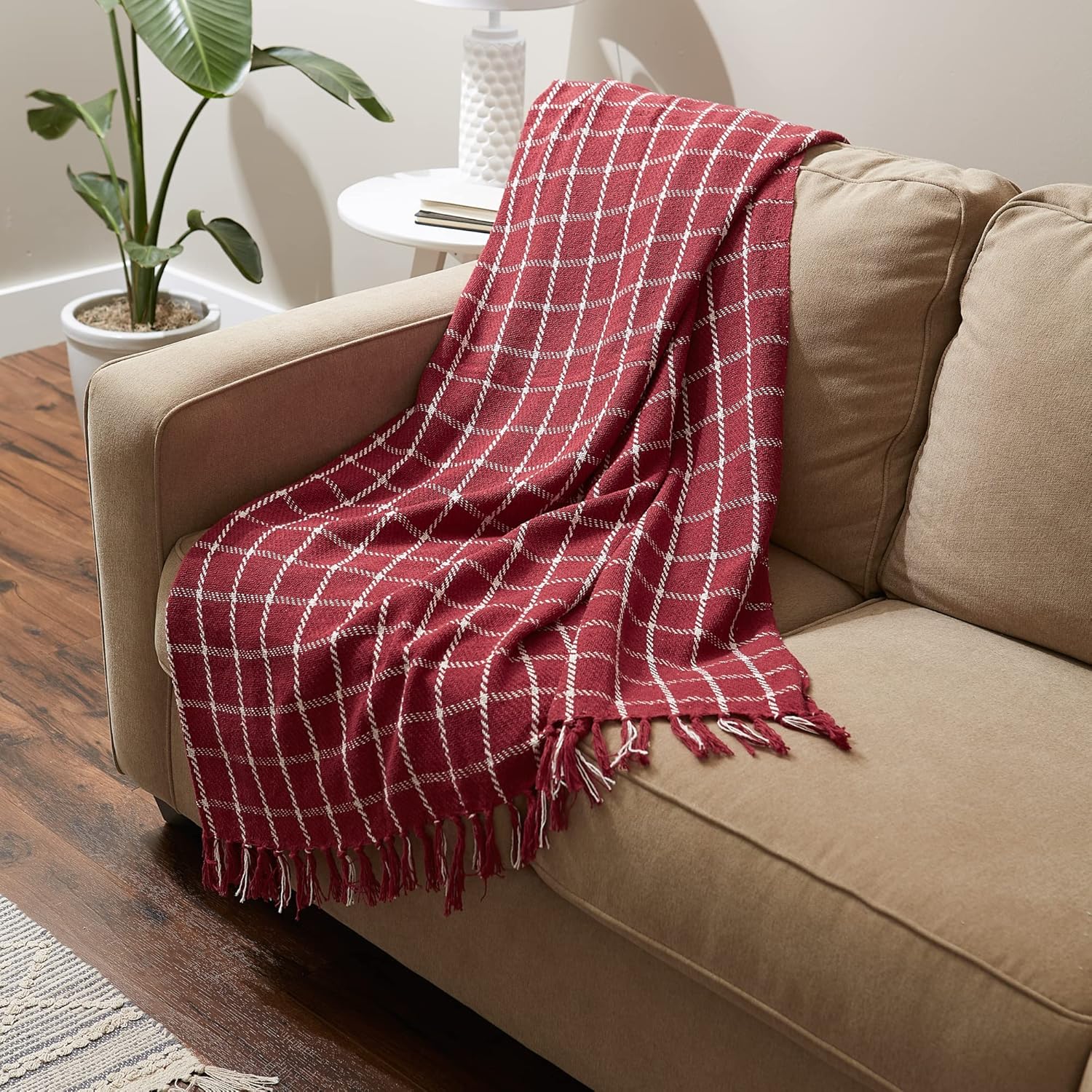 Barn Red and White Cotton Plaid Throw Blanket