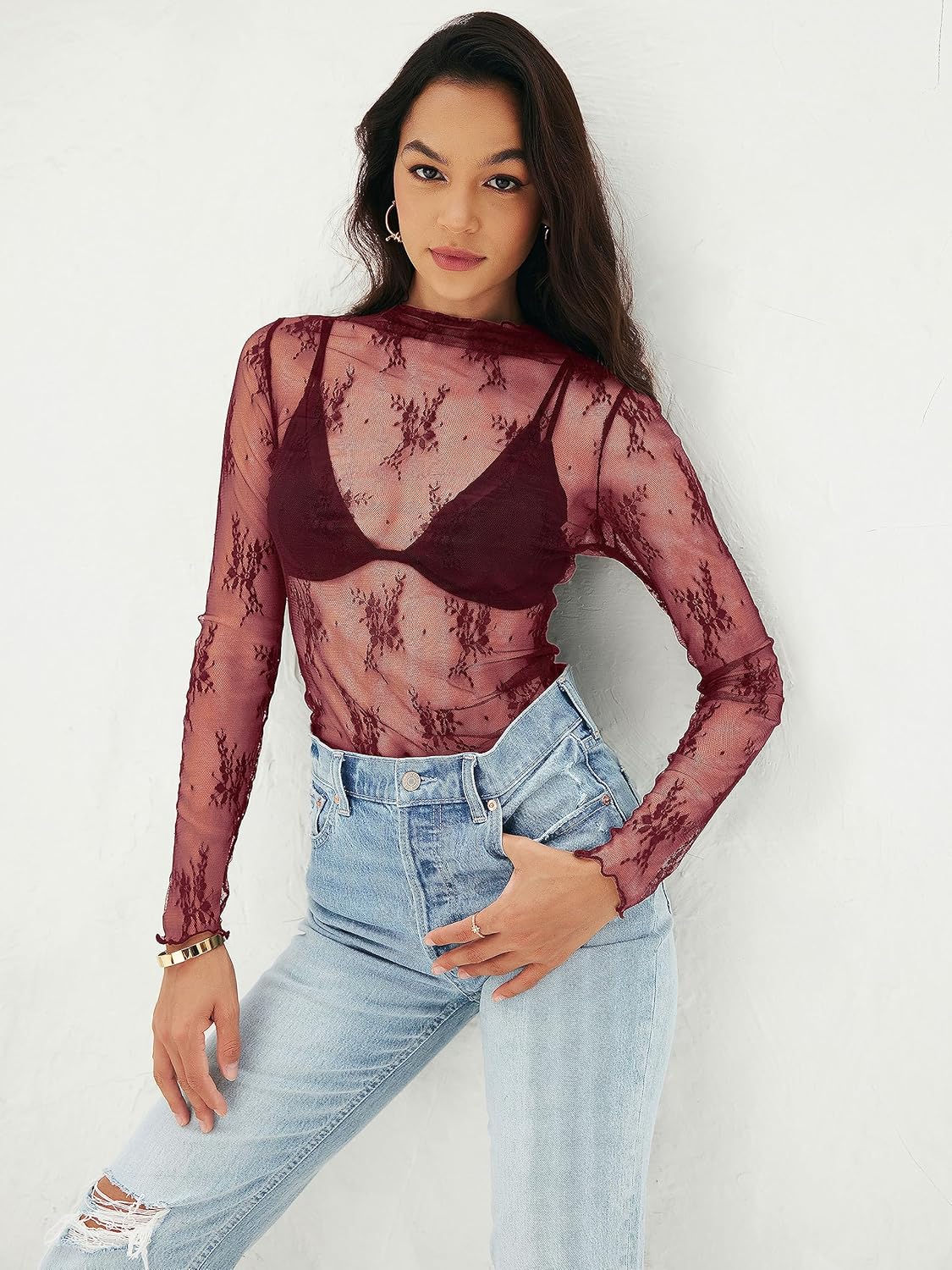 MEROKEETY Womens 2026 Mesh Sheer Lace Long Sleeve Top Sexy Y2k Mock Neck See Through Shirt Blouses - Image 8