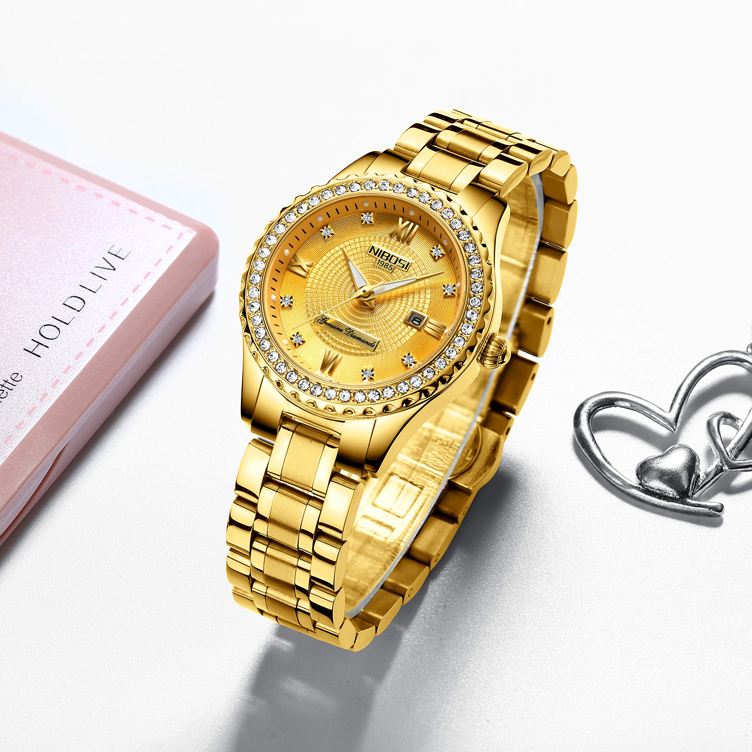 NIBOSI Reloj analógico de Cuarzo para Mujer, Esfera de Oro Rosa, Reloj de Pulsera de Lujo Impermeable con Diamantes de Acero Inoxidable para Mujer, Fecha automática