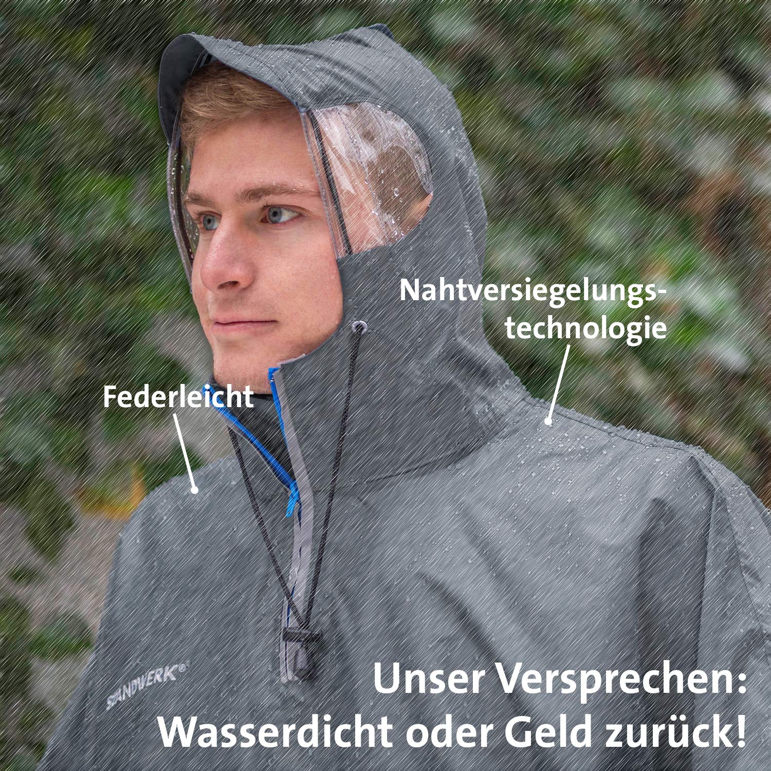 STANDWERK - Poncho impermeable para senderismo con bolsillo transparente en el pecho, capucha, ventana de visión, chubasquero adecuado para hombre, mujer, con mochila, impermeable, exterior, innovador