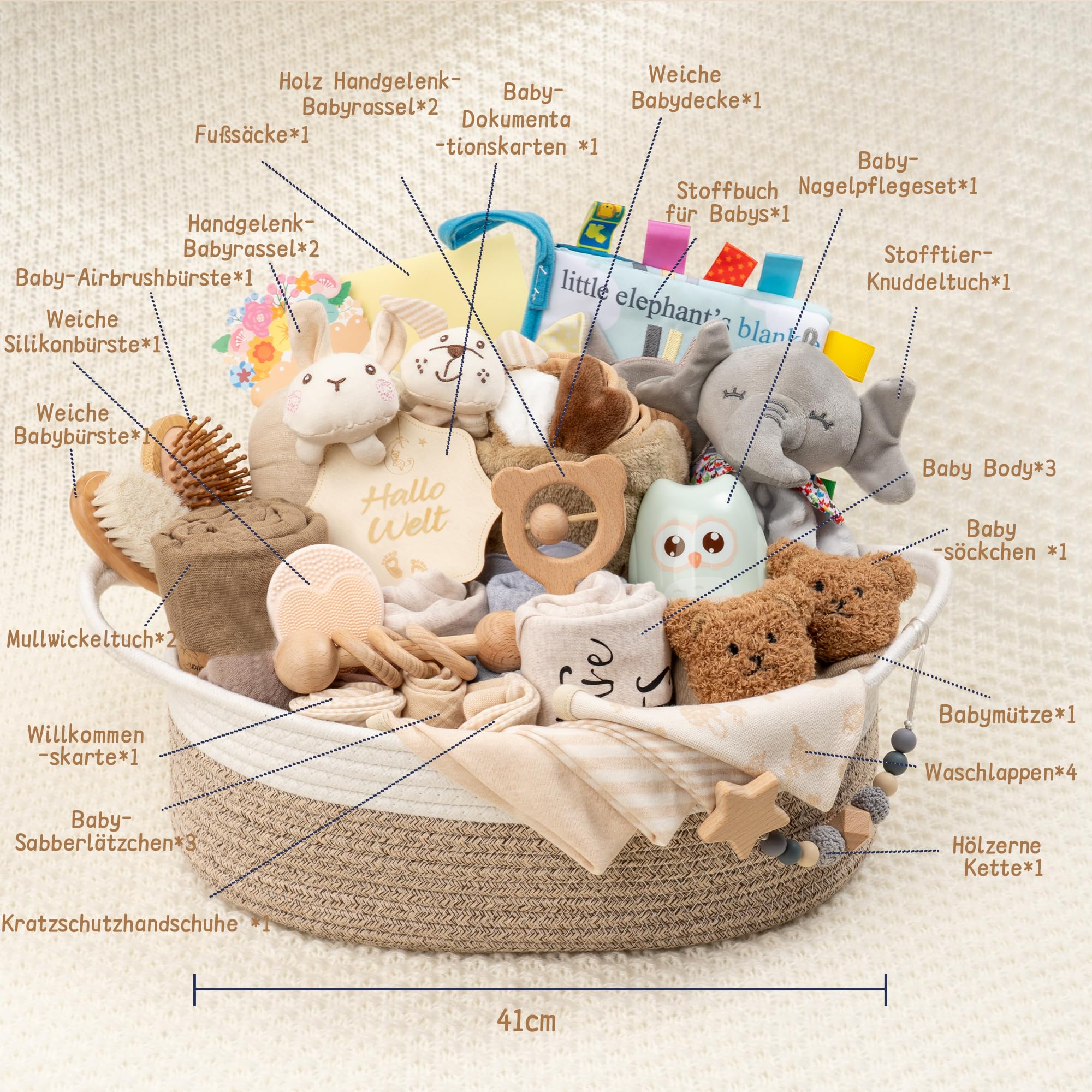 Baby Geschenk 30-teilig ideal als Neugeborenen Geschenk für Jungen & Mädel. Enthält: Kapuzenbadetuch, Baby Set, schmusetuch，Kuscheltier, Rassel, Kamm und Grußkarte (Khaki)
