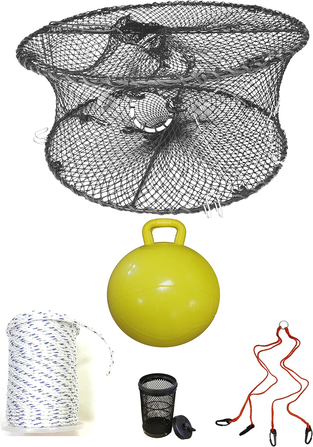 KUFA Sports Foldable Prawn Trap (Stretched Mesh Size:1-3/4") with 400' Rope, Yellow Float, Bait Bag & Harness Combo
