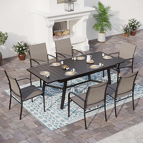 Outdoor Dining Chairs Brown Set of 6,61.4x37.4x29.5” Rectangular Dining Table（Extendable）,Patio