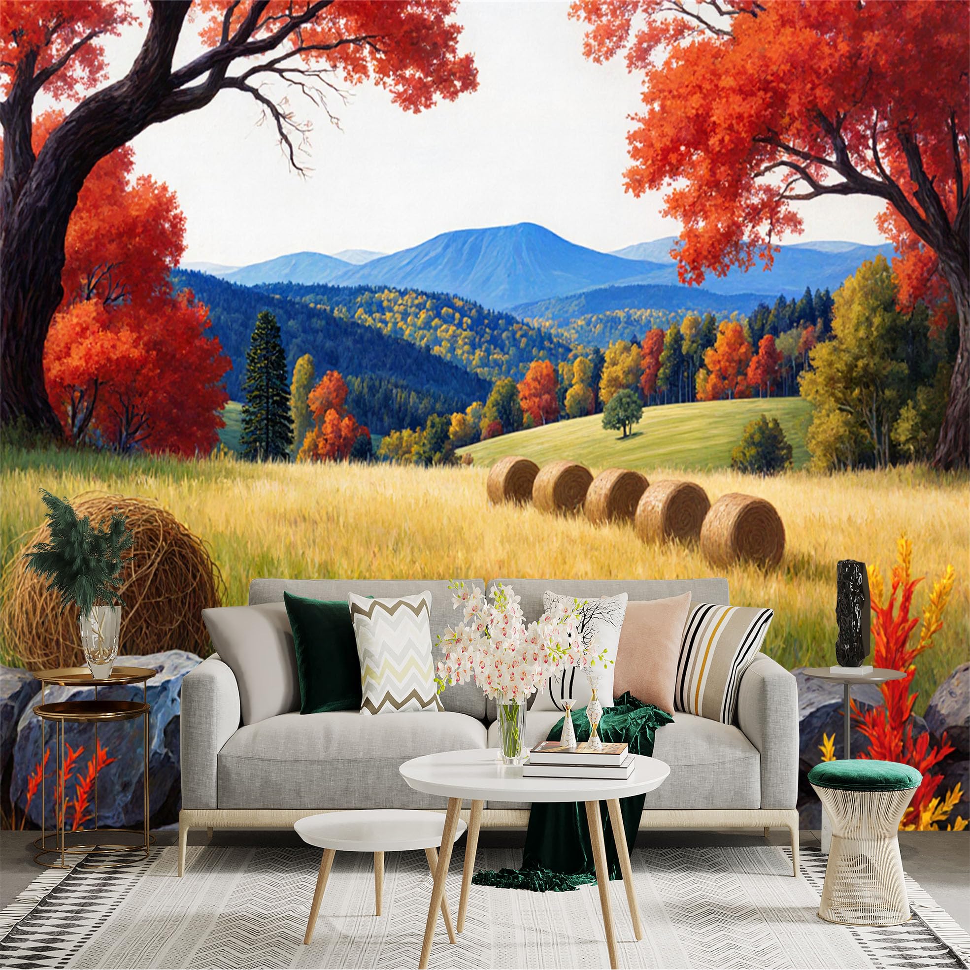Custom Size Wall Sticker Mural， Autumn Farm Landscape， Hay Bales in Golden Field， Colorful Trees and Mountain Scenery， for wall Decoration， peelandstick wall Decals.