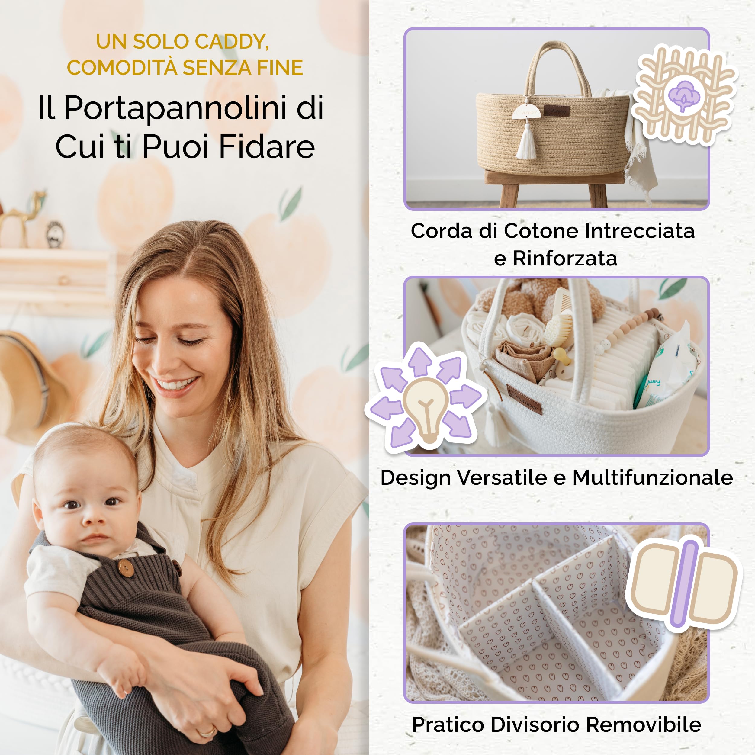 Yunioo Cestino Porta Pannolini, Organizer Fasciatoio per Neonati, Cesto Prodotti Neonato con Maniglie Robuste, Scomparti Staccabili, Regalo Nascita Bimba o Bimbo