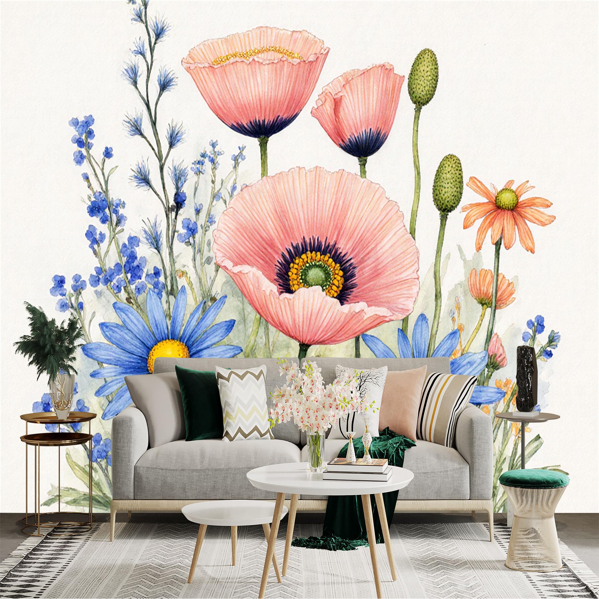 Custom Size Wall Sticker Mural， Watercolor Pink and Blue Wildflowers， Botanical Garden Art， Floral Meadow Print， for wall Decoration， peelandstick wall Decals.