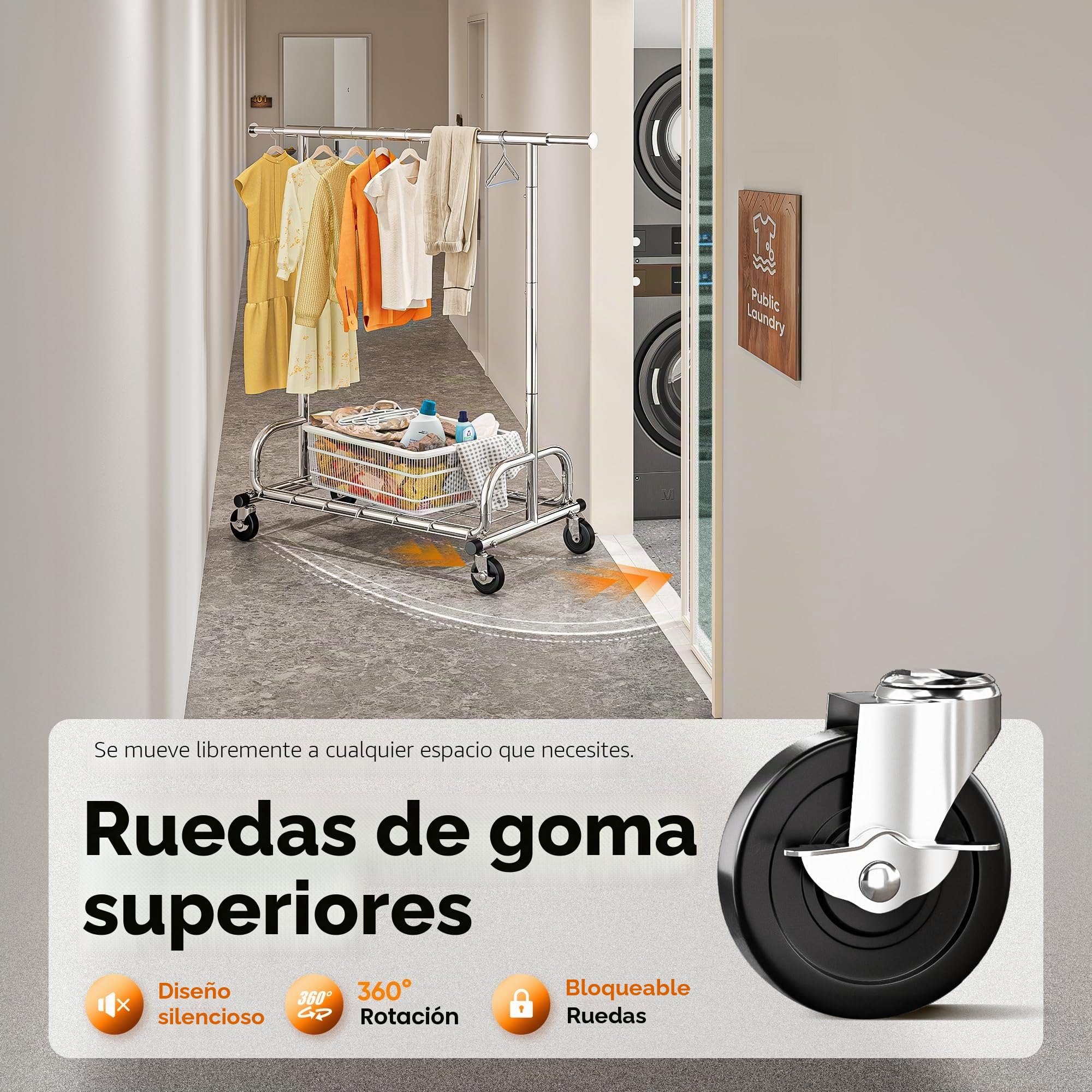 HOKEEPER Perchero resistente de 136 kg de capacidad, perchero extensible con ruedas y estantes bloqueables, ahorro de espacio para dormitorio, apartamento pequeño, lavandería, color plateado