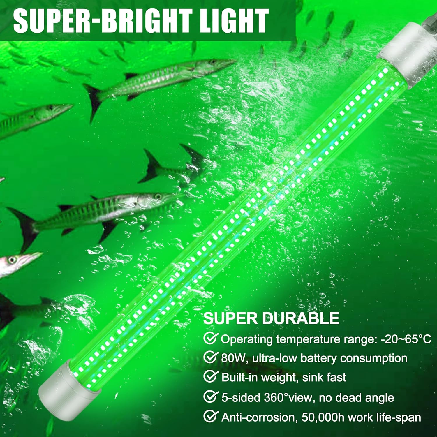 Underwater Fishing Light Super Bright 40000 Lumens 12V 80W LED Submersible Fishing Light Green Night Fish Attracting Light Waterproof Bait Finder Attractants Boat Lamp for Snook Crappie