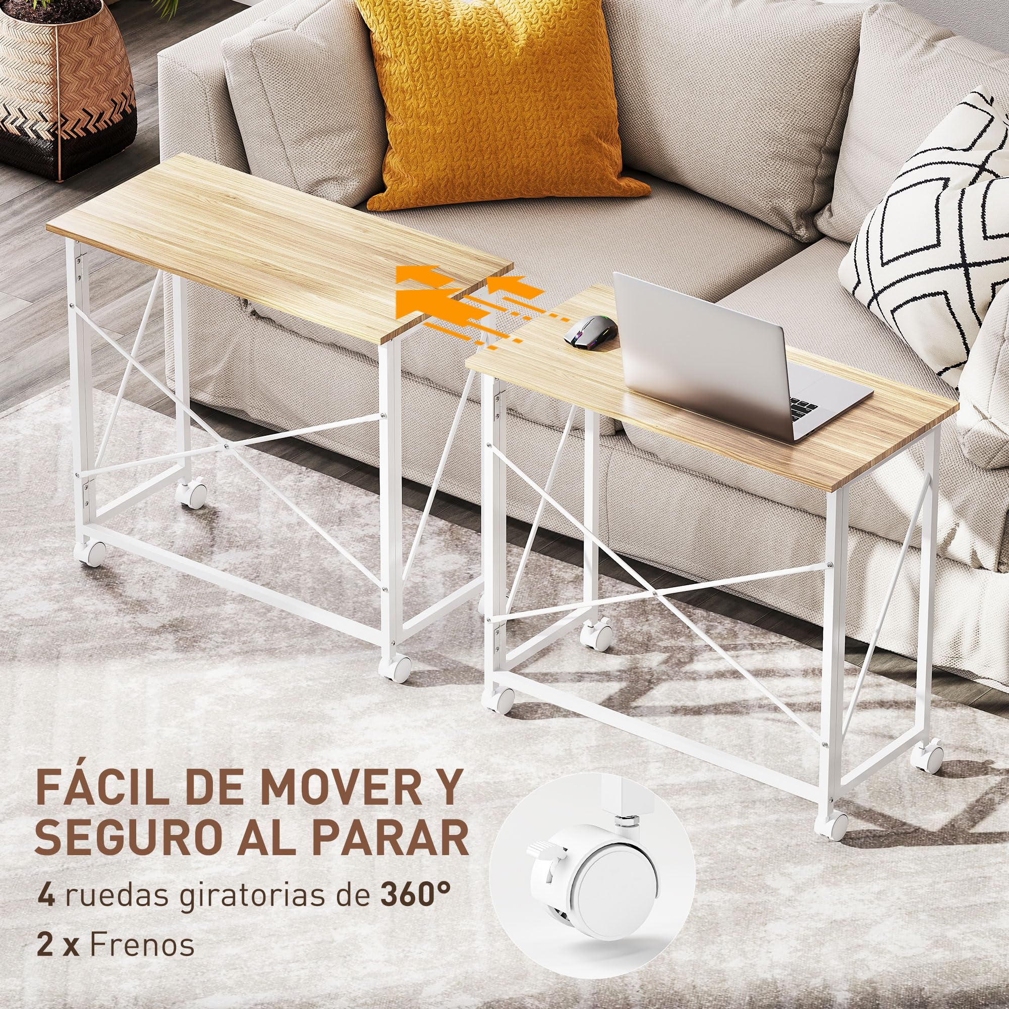 HOMCOM Escritorio Plegable con Ruedas Compacta Casa 80x40x75 cm Natural | Mesa Escritorio Compacta, Mesa de Ordenador Portátil, para Oficina, Espacios Pequeños