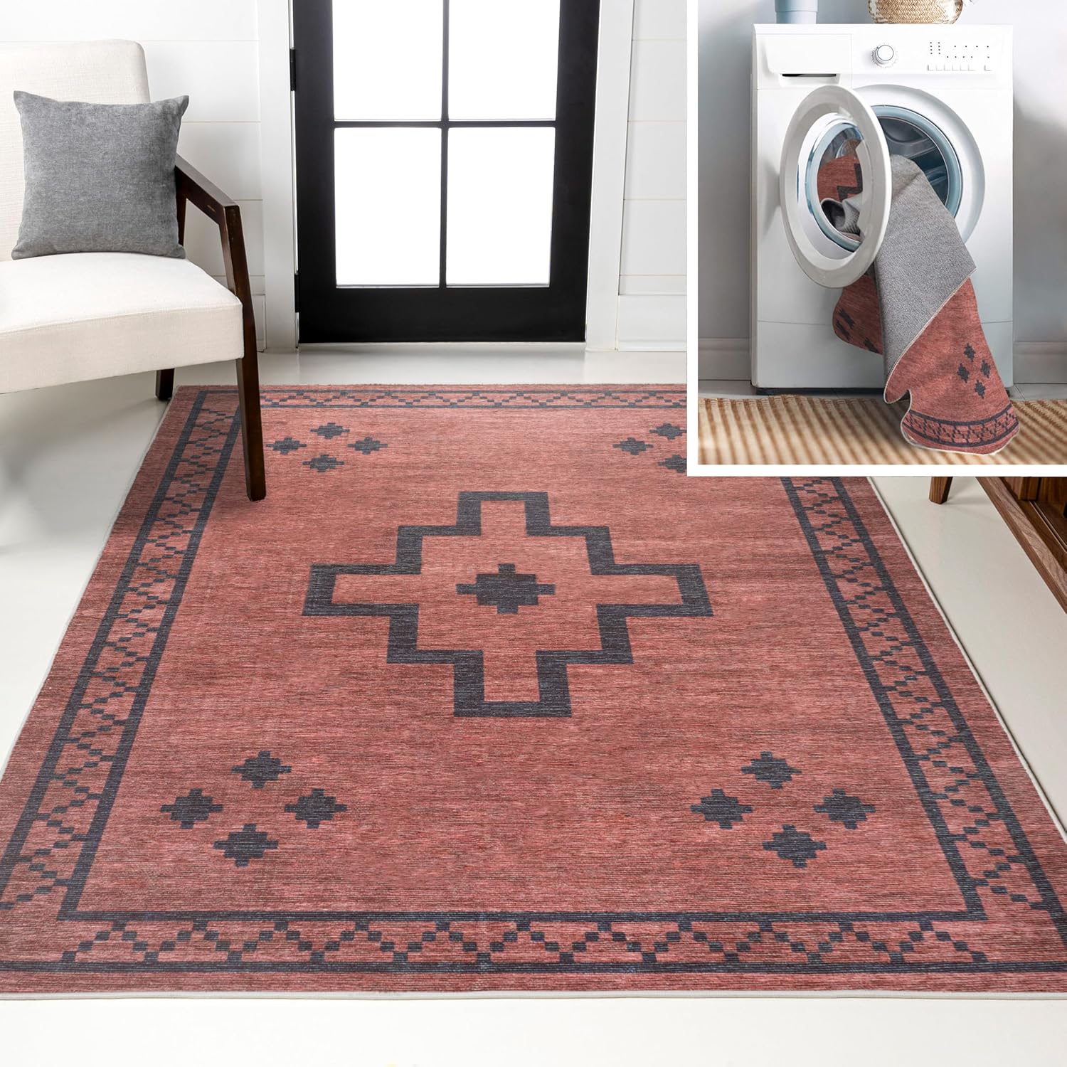 JONATHAN Y Machine Washable Indoor Area Rug 9X12 Ivory/Dark Gray, Ashkii Minimalist Medallion for Living Room, Bedroom, Kitchen, Office, Easy-Cleaning, Pet-Friendly, Non-Shedding WSH115A-9