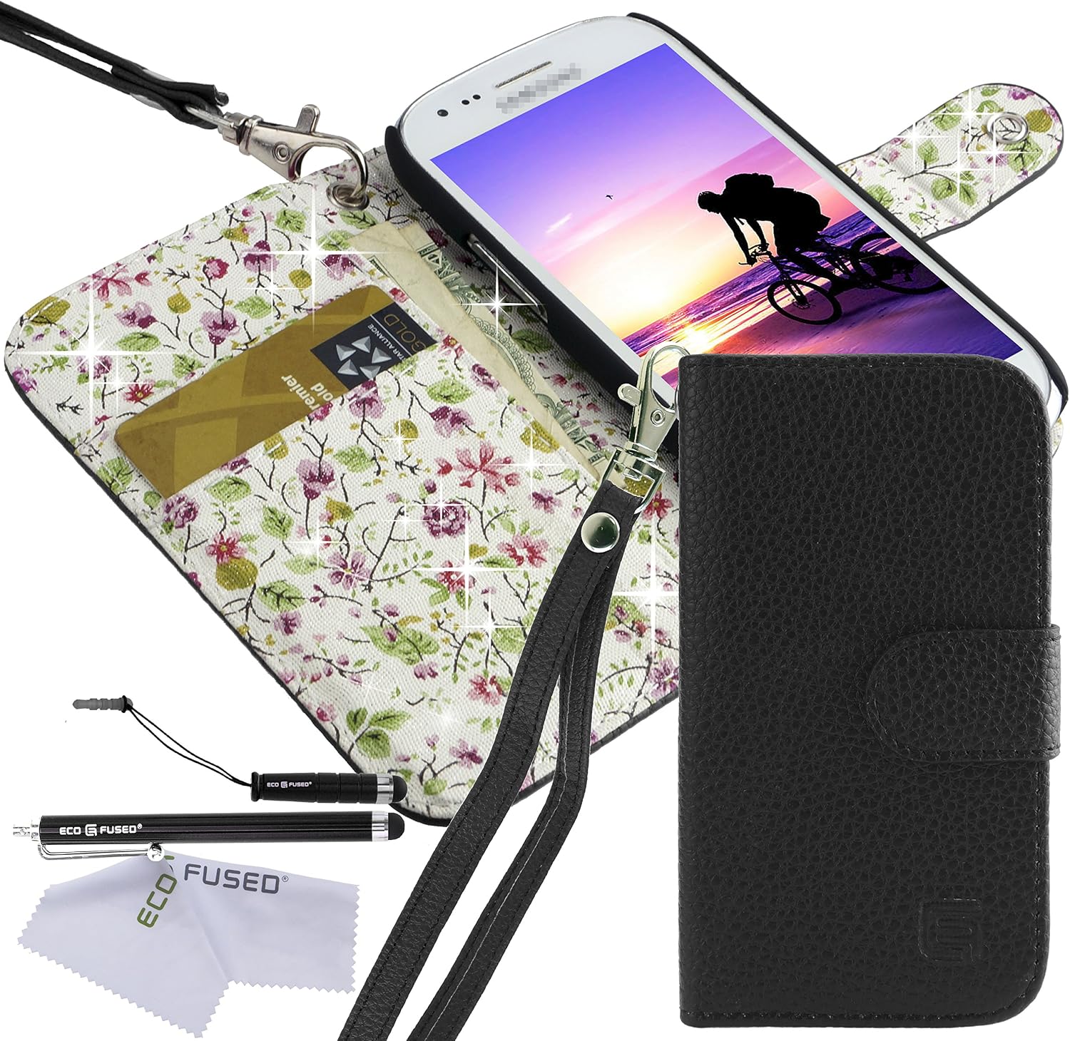 Samsung Galaxy S3 Mini Case Bundle including 1 Faux Leather Cover with Floral Interior for Samsung Galaxy S3 Mini I8190 / 1 Lanyard / 2 Stylus Pens / 2 Screen Protectors / 1 ECO-FUSED Microfiber Cleaning Clo