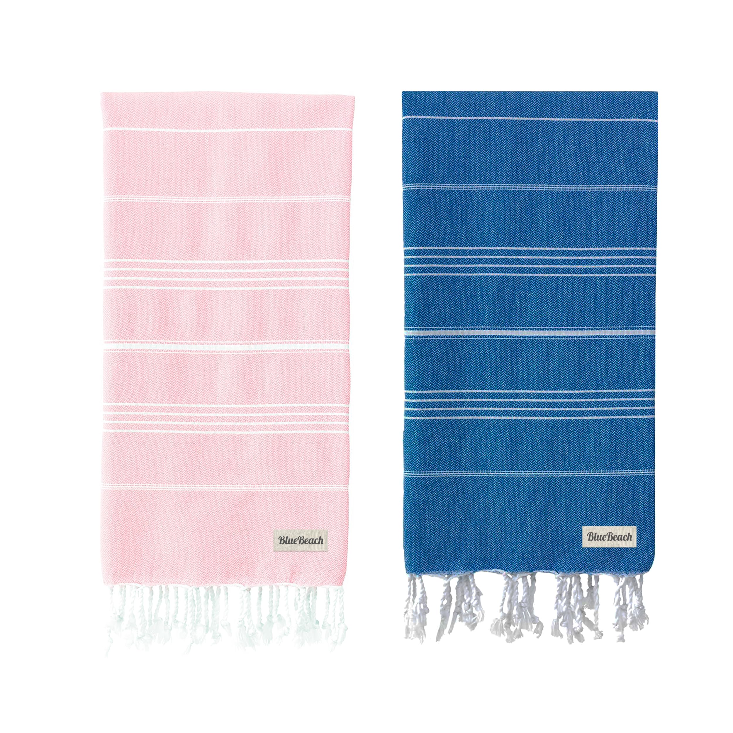 Blue Beach Turkish Towel - Set of 2-100x180cm Large Turkish Hammam Peshtemal Towel - Super Absorbent, Quick Dry, Lightweight, Compact Towels for Swimming, Bath, Gym and Travel (Blue + Pink)