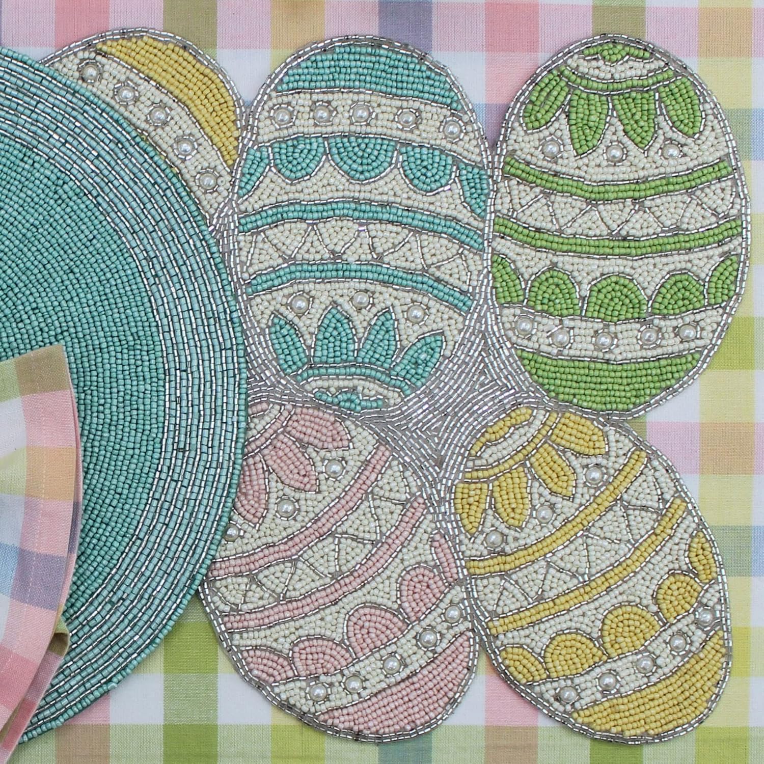 COTTON CRAFT Happy Hunting Handmade Beaded Table Runner - Spring Easter Eggs Bunny Rabbit - Luncheon Dinner Celebration Festive Party Tabletop Décor Tablerunner - 13x36 - Aqua Multi