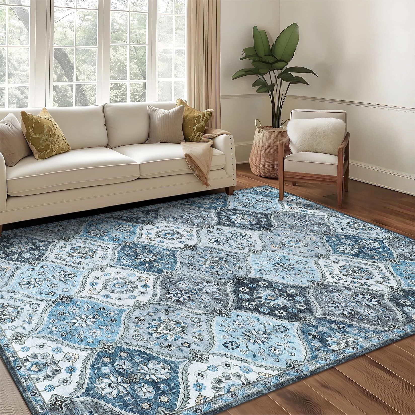 LuxFocus Vintage Living Room Rug 160x230 cm, Washable Floral Area Rug with Oriental Design, Non-Slip Low Pile Carpet for Dining Room & Bedroom, Grey Blue