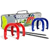 Horseshoes Set - Metal Horseshoe Game Set for Adults + Kids - Official Weight Steel Construction - Beach + Lawn Outdoor Game - Intermediate
