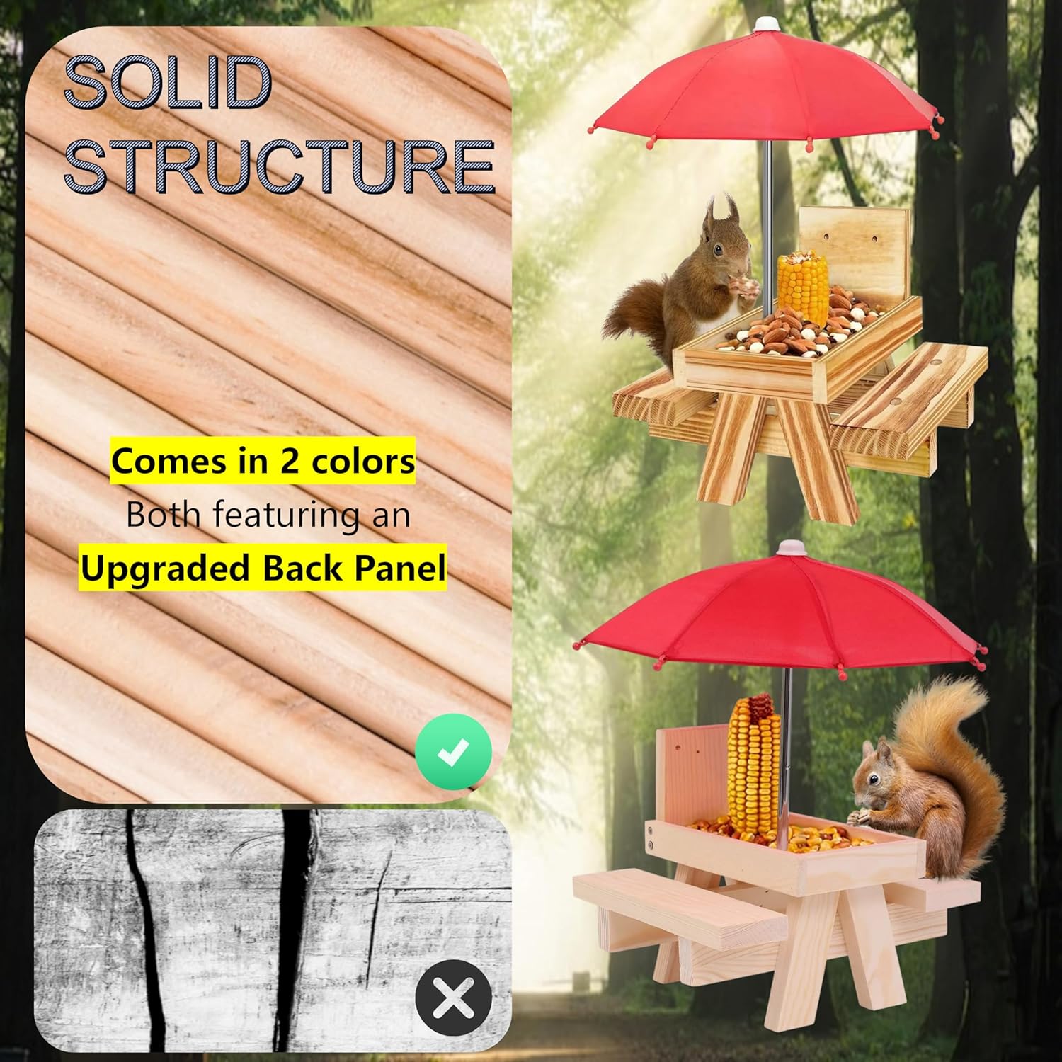 Squirrel Feeder Wooden Table with Umbrella Corn Cob Holder Funny Chipmunk Sugar Possum Feeders for Outside Picnic Waterproof (Carbonized)