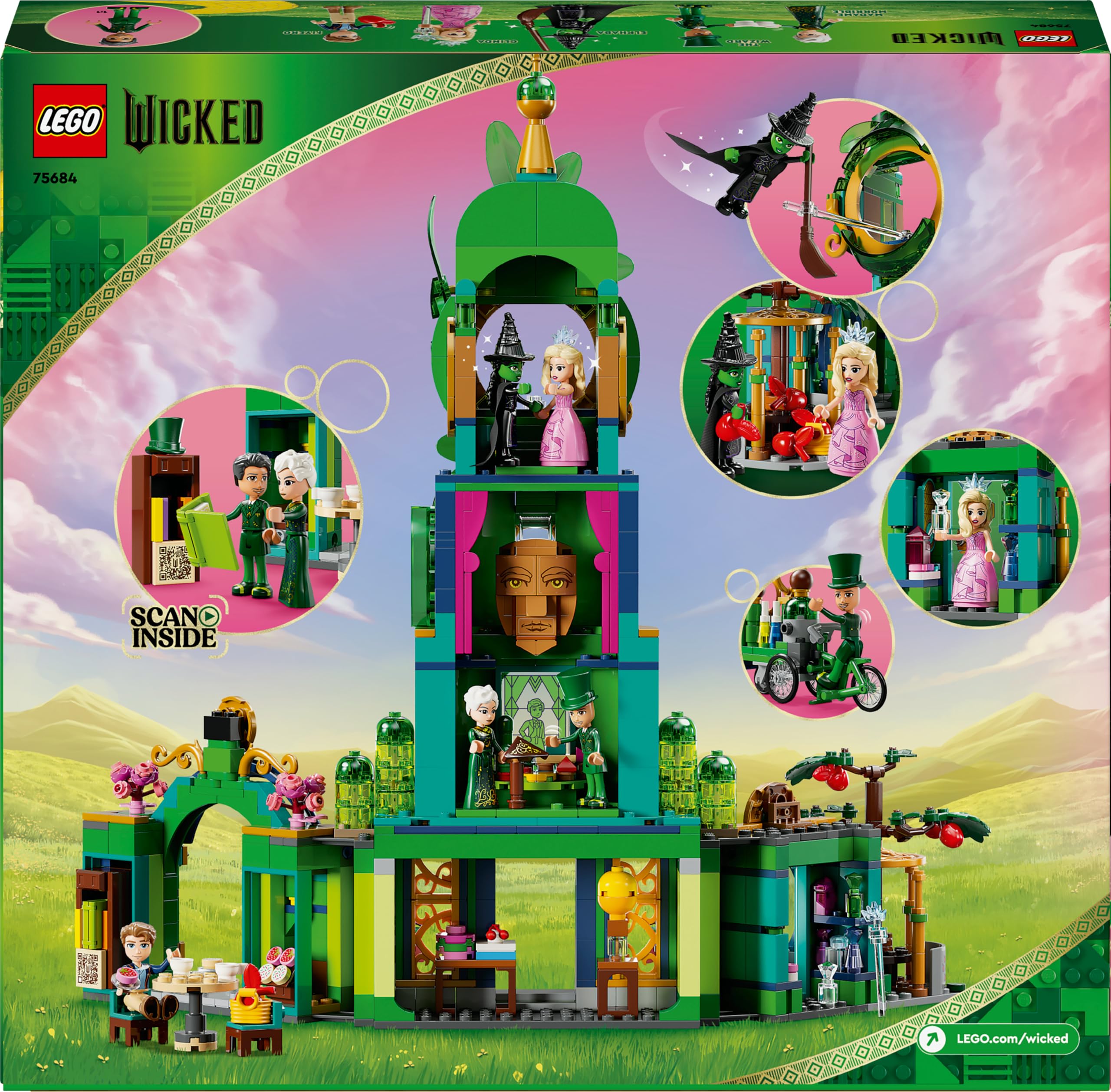 LEGO Wicked Bienvenidos a Emerald City, Ciudad de Juguete de Colección con Torre, Mini Muñecas de Glinda y Elphaba, Regalo para Niñas, Niños y Fans de la Película Musical de 9 Años o Más 75684