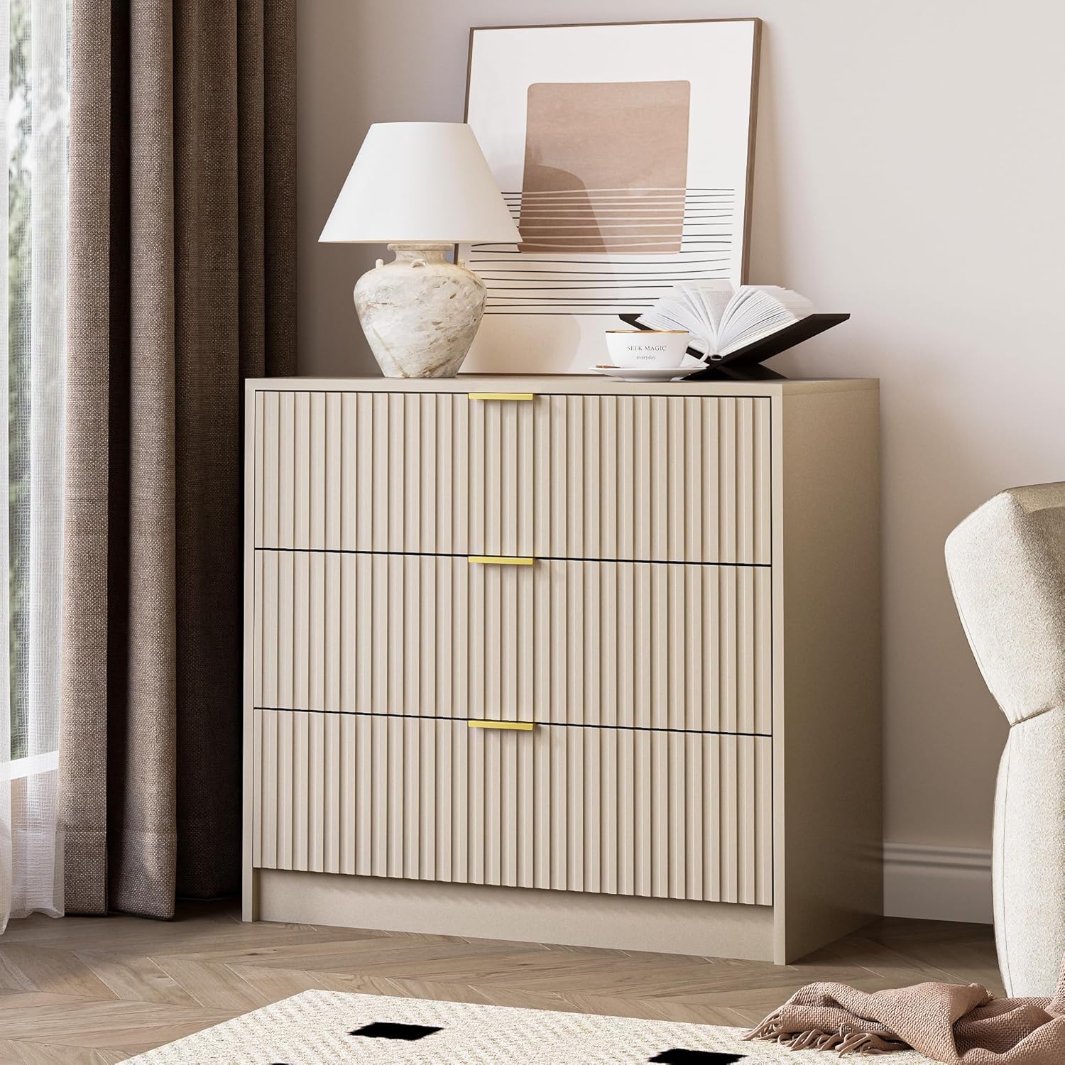 3-Piece Dresser Bedroom Set, 9 Drawer Dresser & 3 Drawer Nightstands with Gold Handles, Fluted Wood Chest of Drawers for Bedroom, Living Room, Entryway, Beige