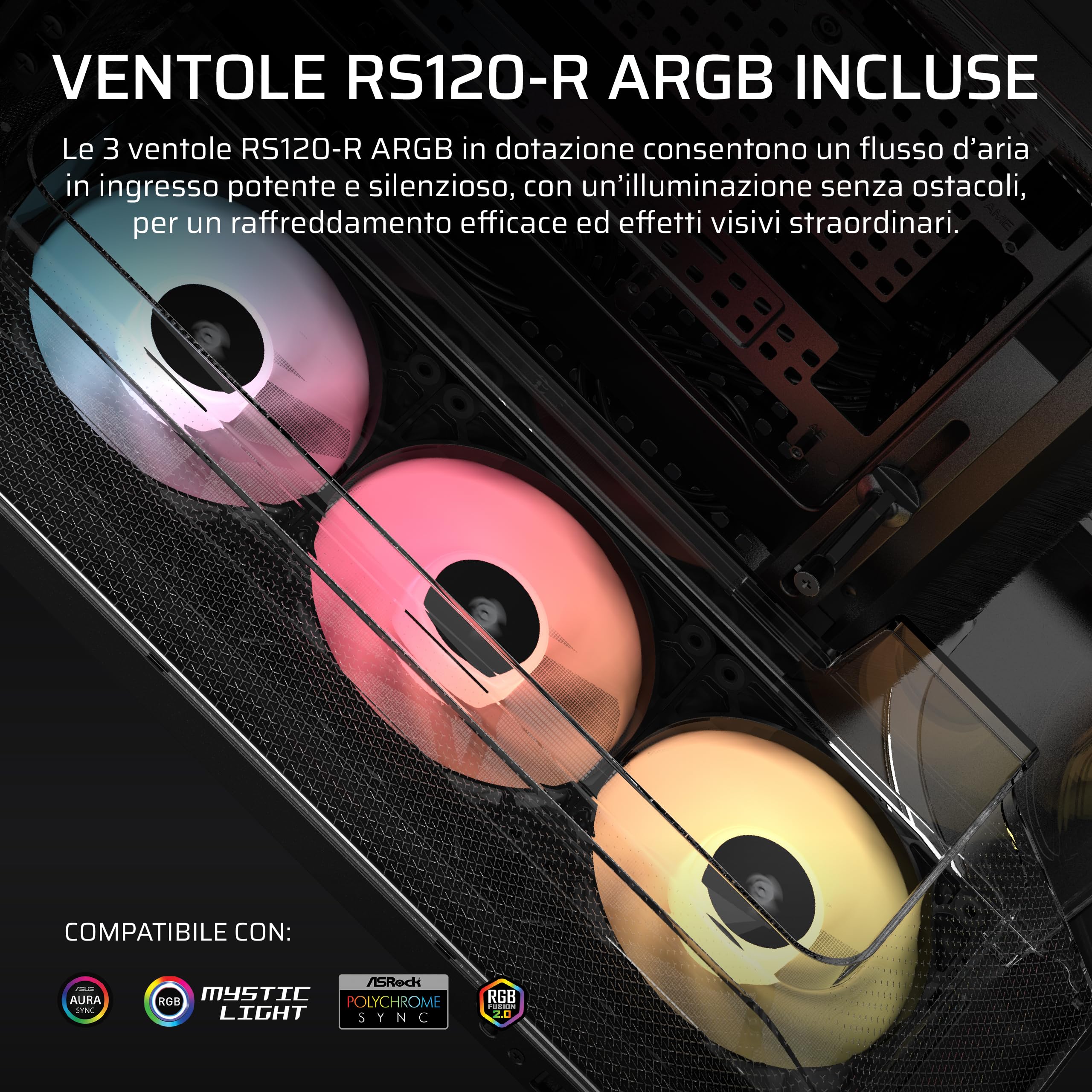 CORSAIR AIR 5400 RS-R ARGB Case PC Panoramico Mid-Tower – Nero | A Tripla Camera, 3 Ventole RS120-R ARGB Rotazione Inversa, Condotti Silenziosi ad Alto Flusso, Supporto Scheda Madre Inverso
