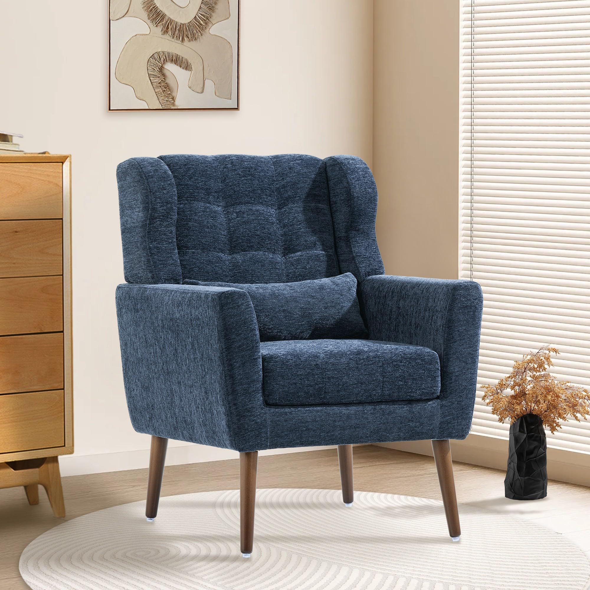 QKFF Modern Accent Chair, Upholstered Armchair with Pillow, Fabric Single Sofa Chair with Lounge Seat and Wood Legs Accent Chair for Living Room