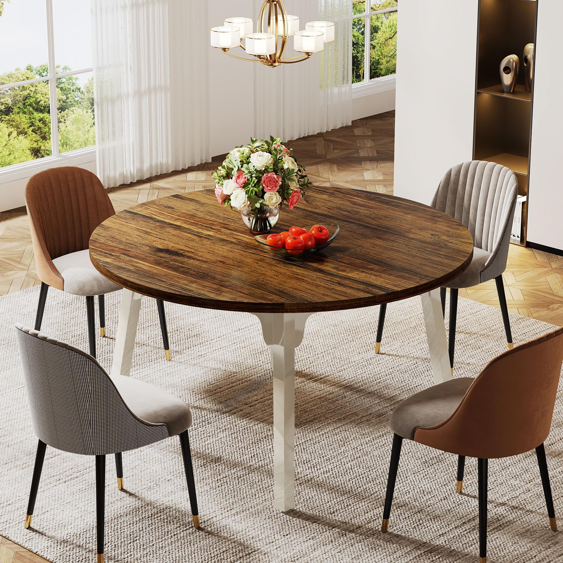 Tribesigns Mesa de Comedor Redonda para 4-6 Personas, 120CM Mesa de Cocina Círculo con Superficie de Textura de Madera,Mesa de Comedor con Patas de Madera Maciza para Cocina, Salón, Marrón y Blanco